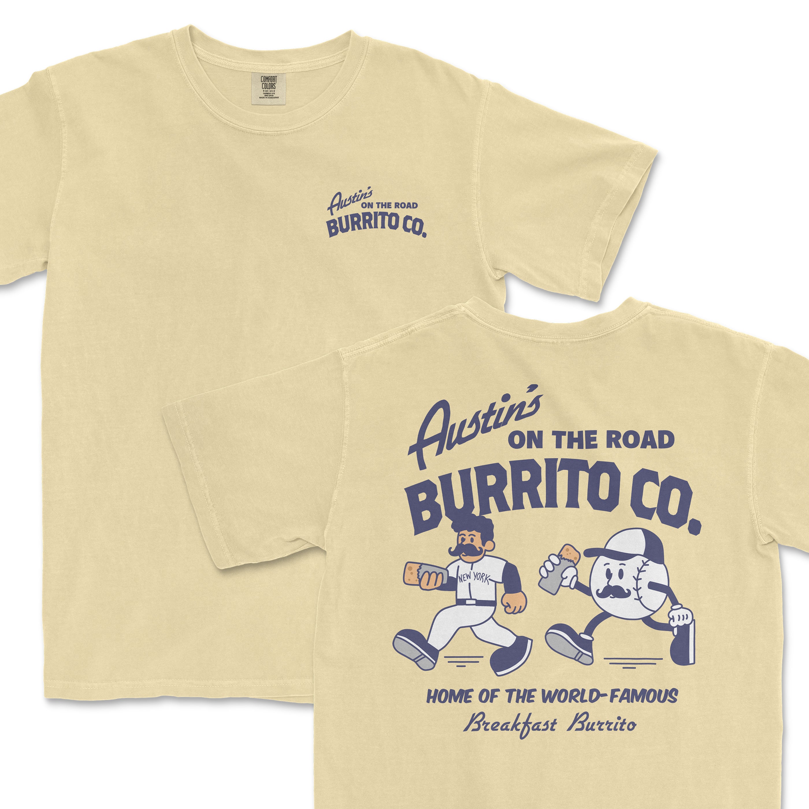 Beige Comfort Colors T-shirt featuring "Austin's On the Road Burrito Co." logo, with playful cartoon characters and text.