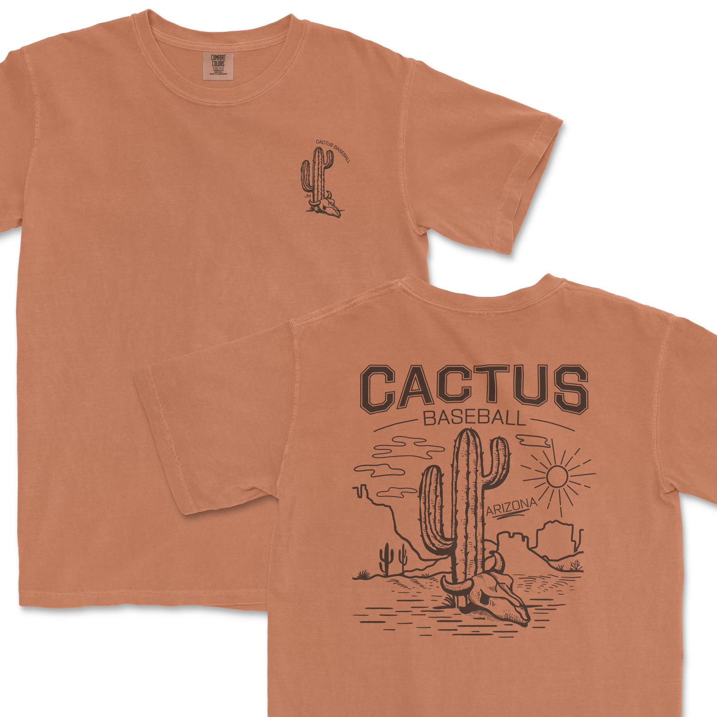 Front and back view of a Comfort Colors tee featuring a cactus and desert scene design with "Cactus Baseball 2025" text, in a warm, earthy tone.