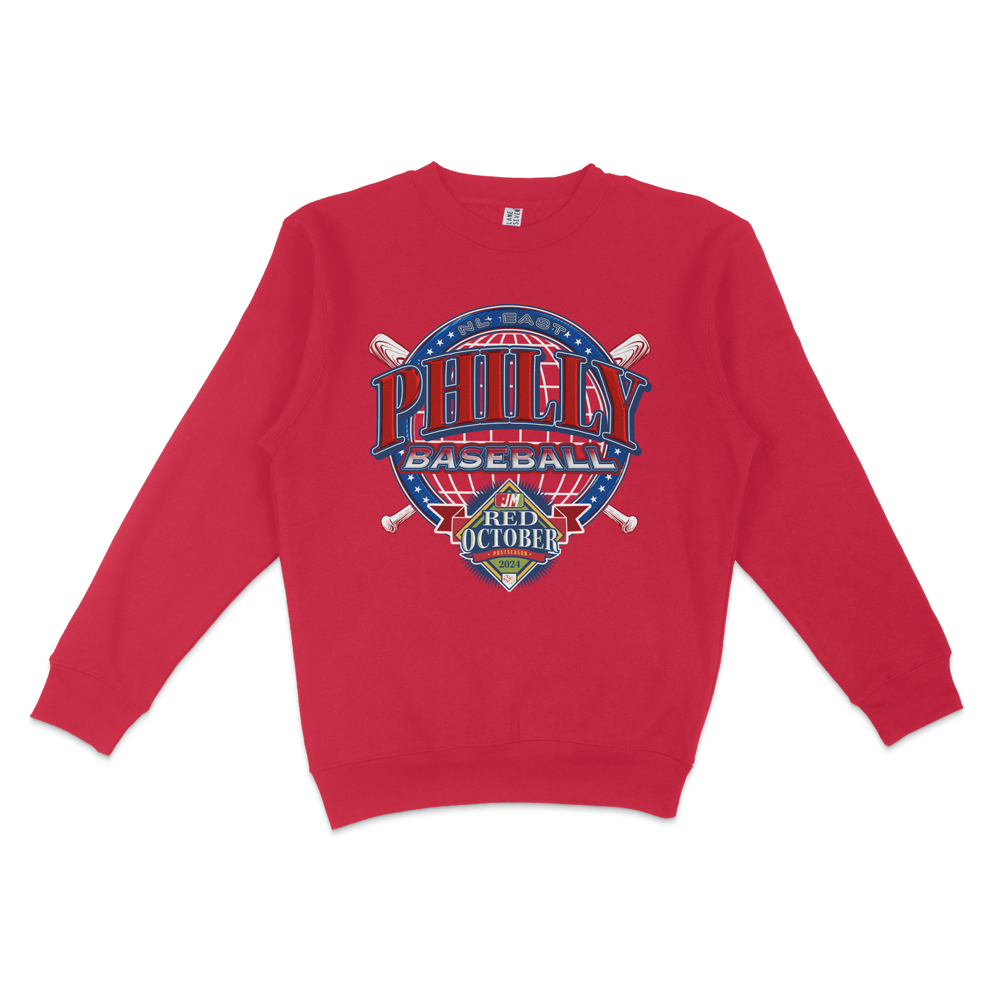 Red crewneck sweatshirt featuring a colorful Phillies Baseball logo with "Red October 2024" text and baseball graphic.