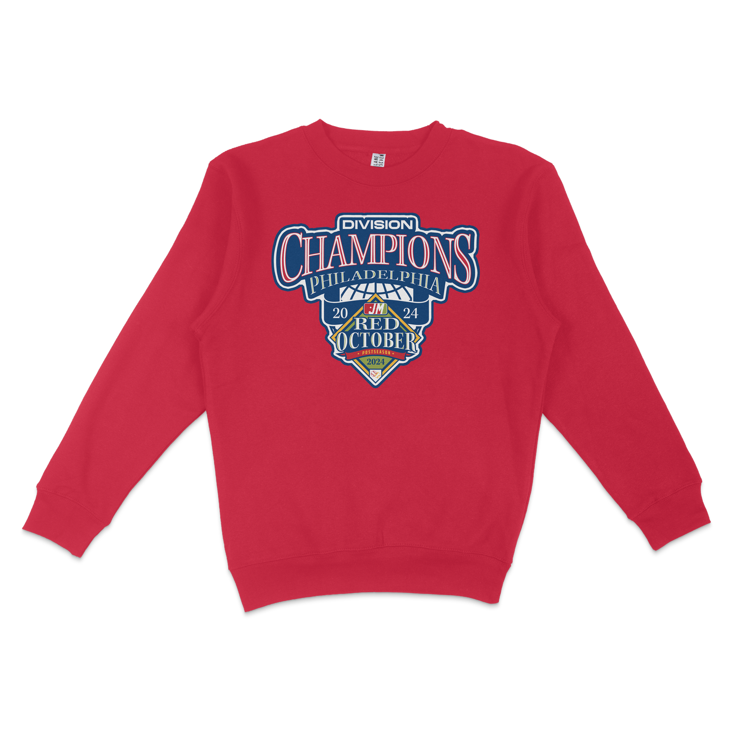 Red crewneck sweatshirt featuring a colorful "PHI Division Champions" graphic design for 2024, celebrating victory.