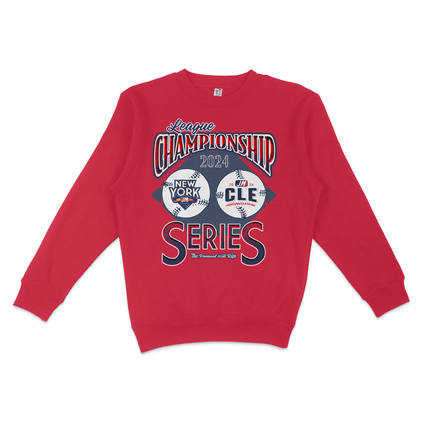 Red crewneck sweatshirt featuring "ALCS '24" baseball series graphics, baseball images, and bold "Championship" text.