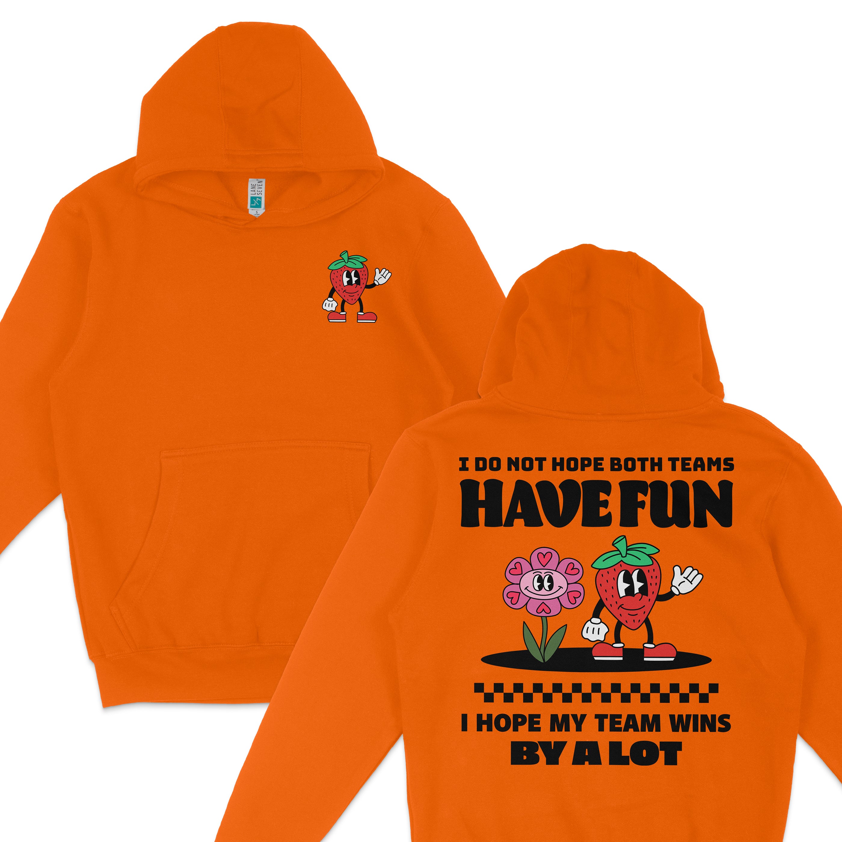 Orange hoodie featuring a strawberry and flower cartoon characters, with text expressing support for a team win.