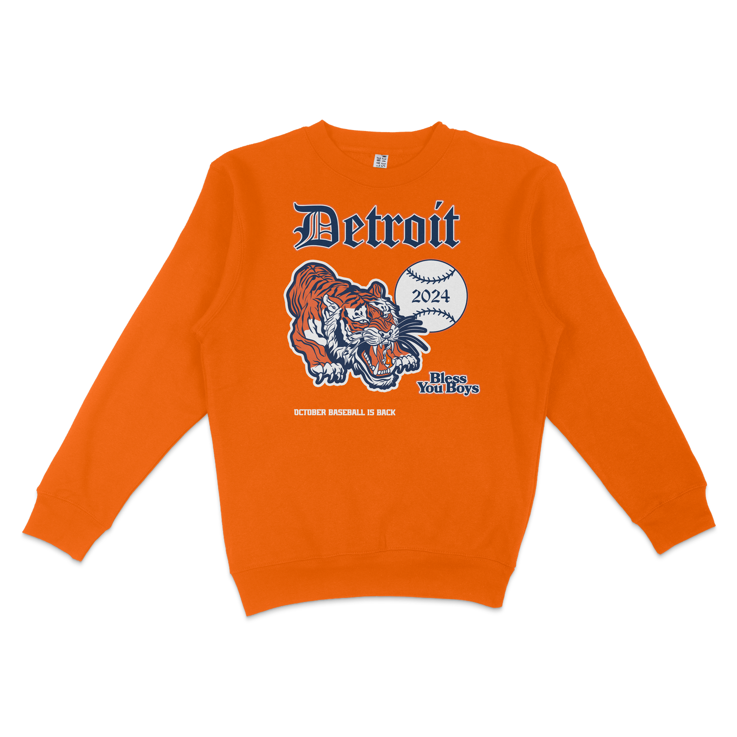 Orange crewneck sweatshirt featuring a Detroit Tigers graphic with a tiger, baseball, 2024, and October baseball text.