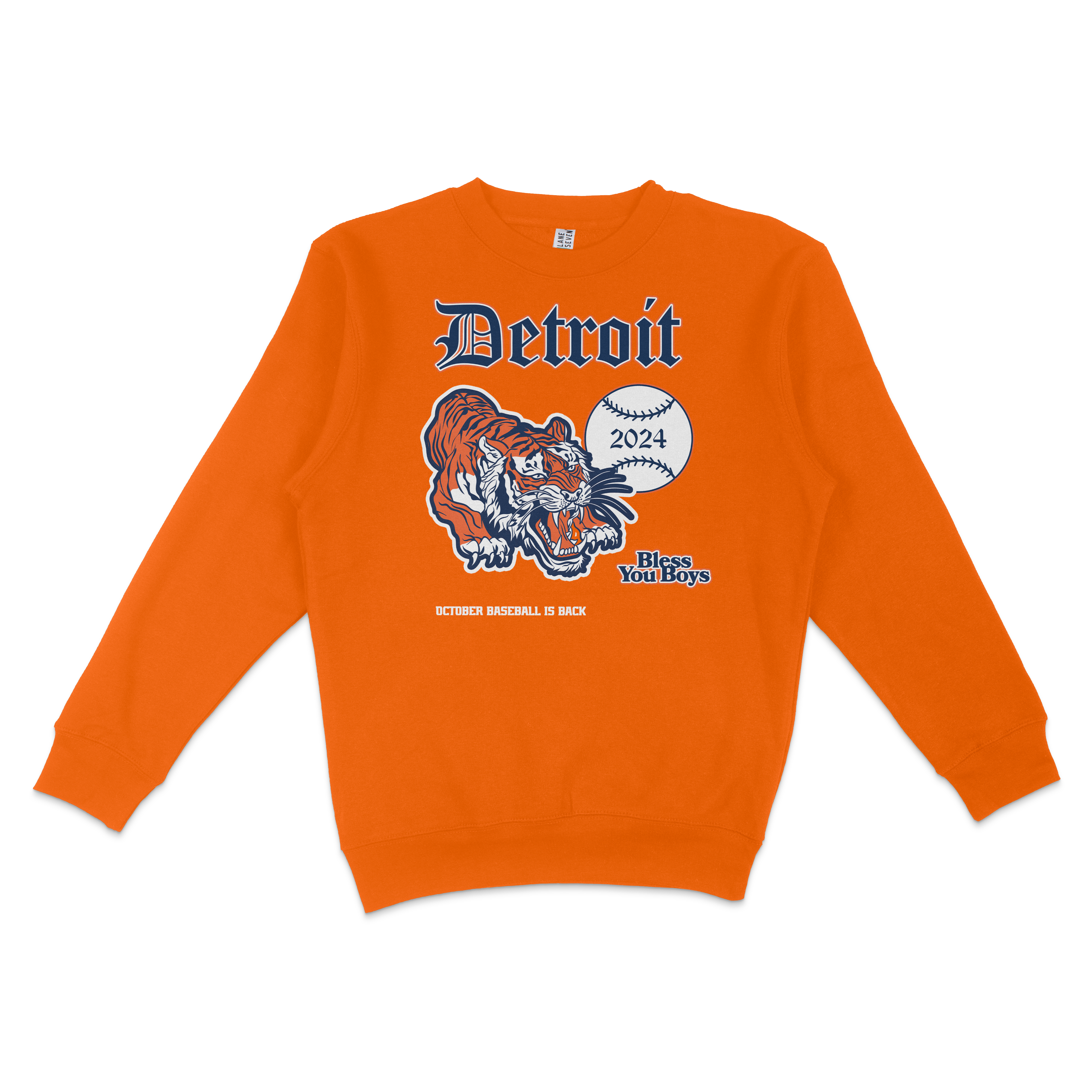 Orange crewneck sweatshirt featuring a Detroit Tigers graphic with a tiger, baseball, 2024, and October baseball text.