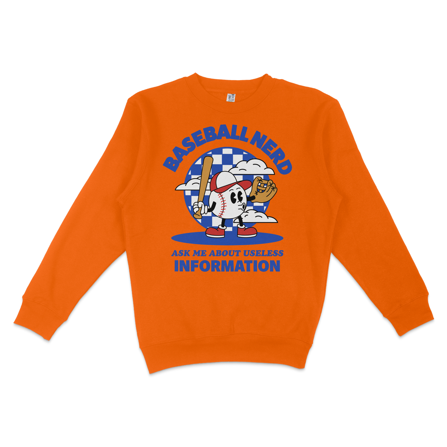 Orange crewneck sweatshirt featuring a cartoon baseball character with a bat, clouds, and checkered background, with "Baseball Nerd" and humorous text.