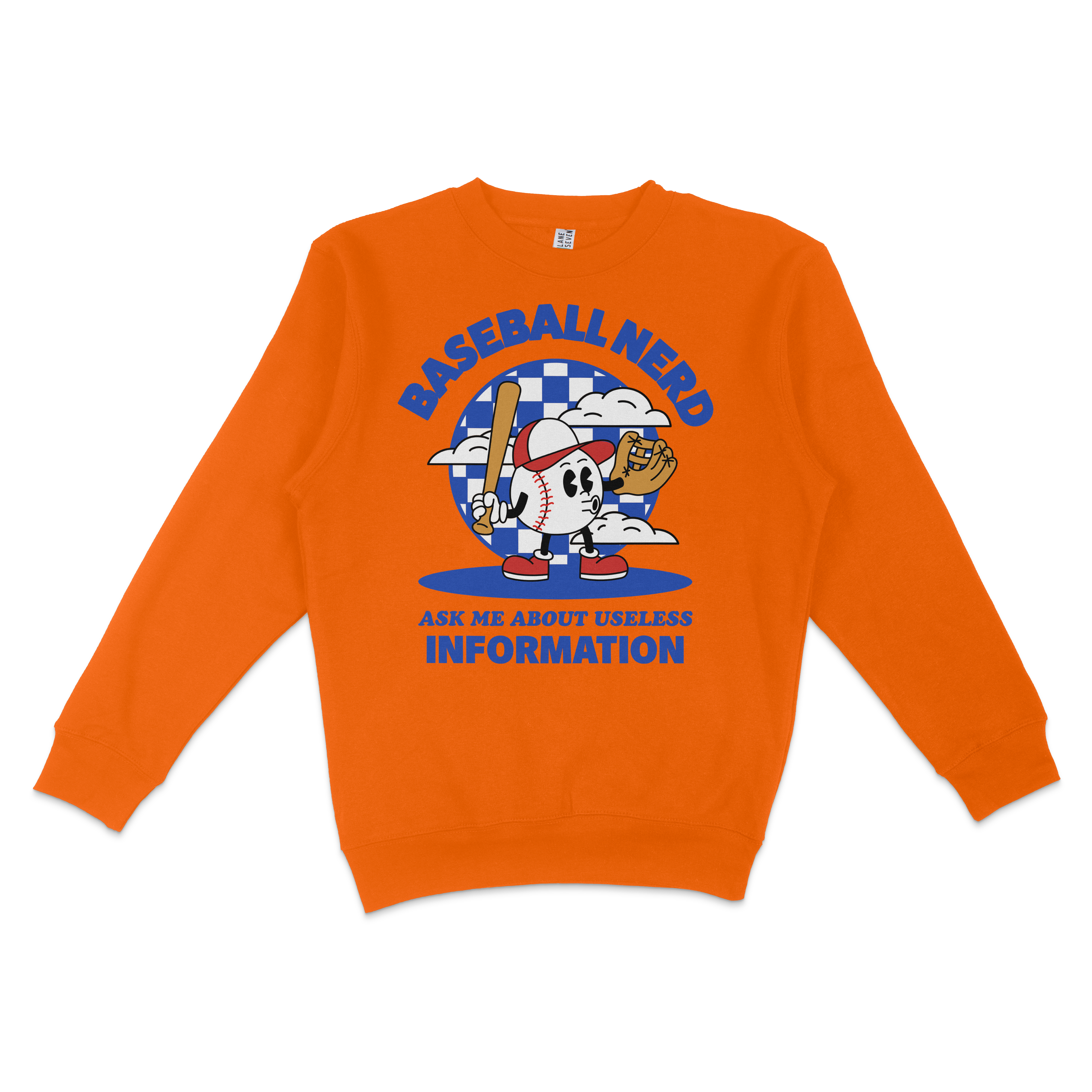 Orange crewneck sweatshirt featuring a cartoon baseball character with a bat, clouds, and checkered background, with "Baseball Nerd" and humorous text.