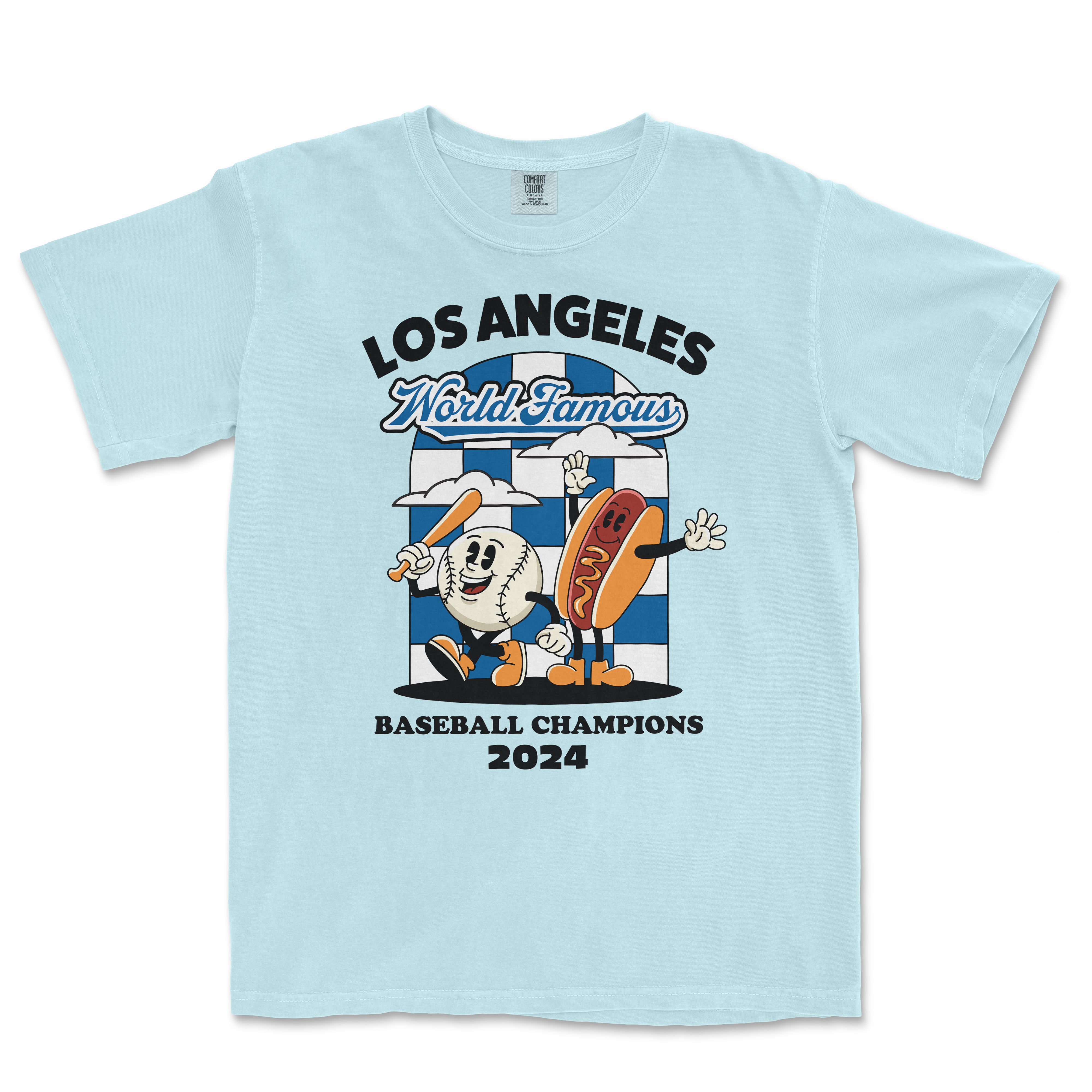 Light blue T-shirt featuring cartoon characters of a baseball and hot dog celebrating, with text "Los Angeles World Famous Baseball Champions 2024.