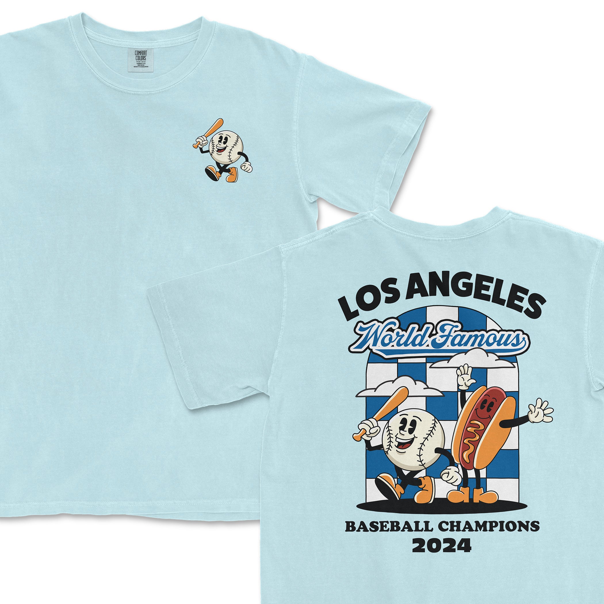 Light blue T-shirt featuring cartoon baseball and hot dog characters celebrating Los Angeles 2024 World Famous Baseball Champions.