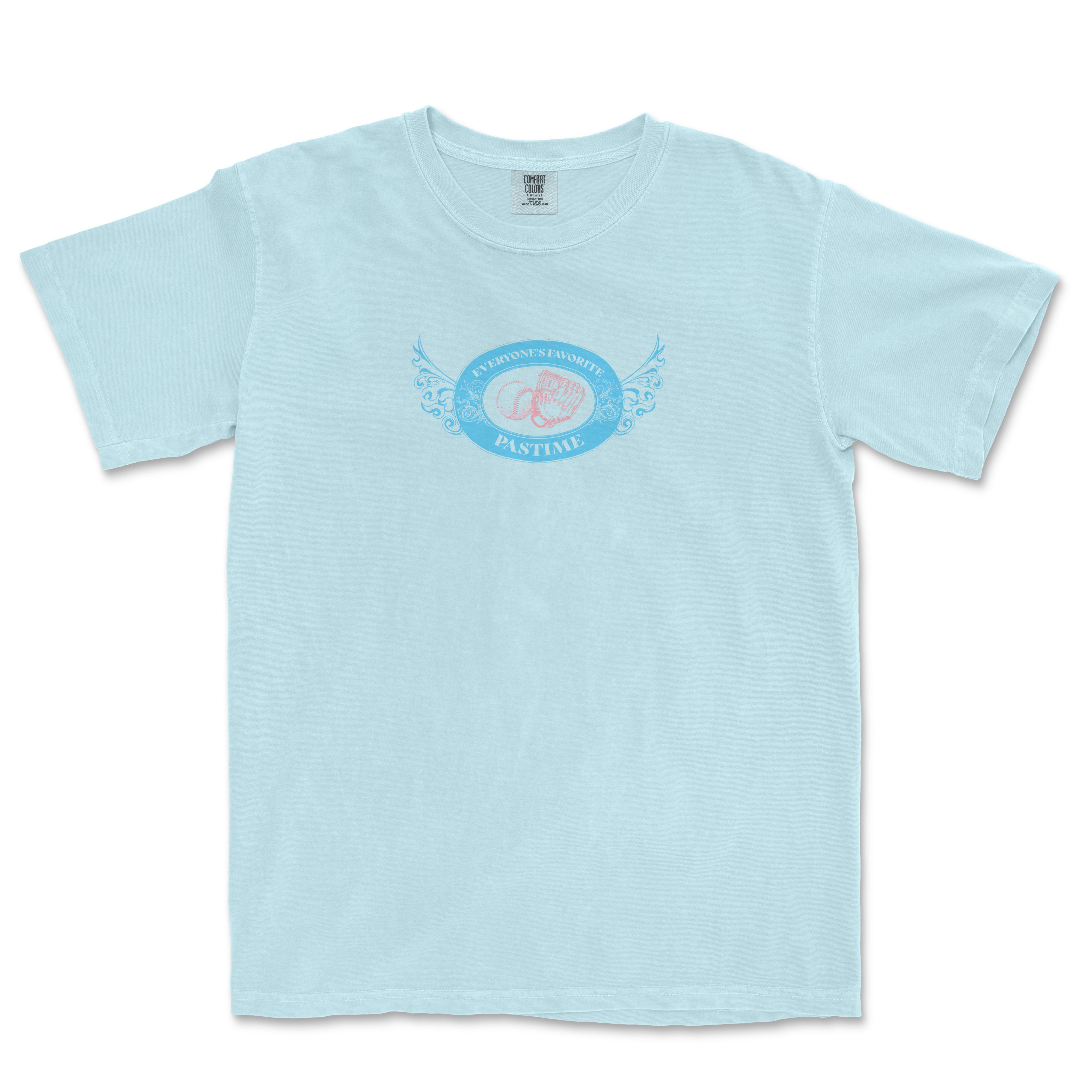 Light blue Comfort Colors T-shirt featuring a vintage-style "Everyone's Favorite Pastime" graphic with a baseball glove and decorative scrollwork.