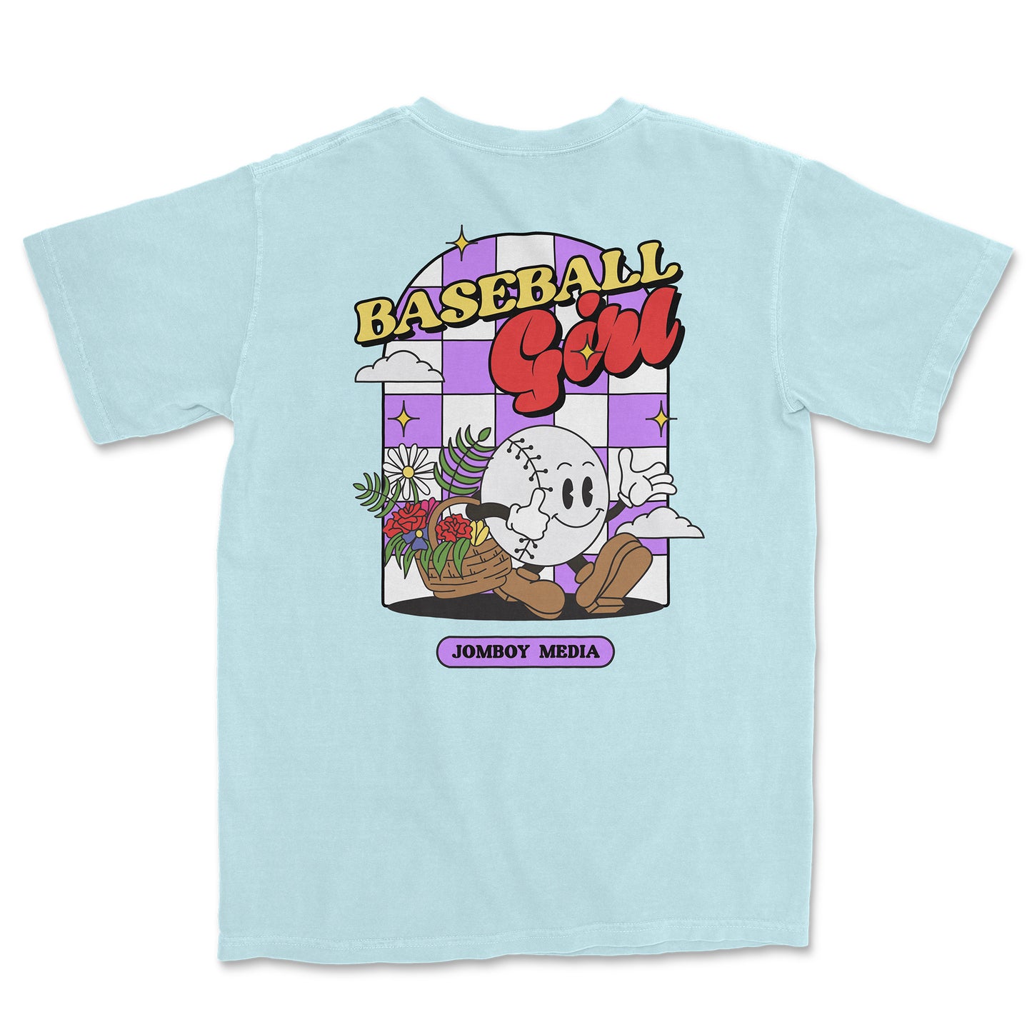Comfort Colors tee featuring a colorful baseball girl graphic, flowers, clouds, and "Baseball Girl" text design.