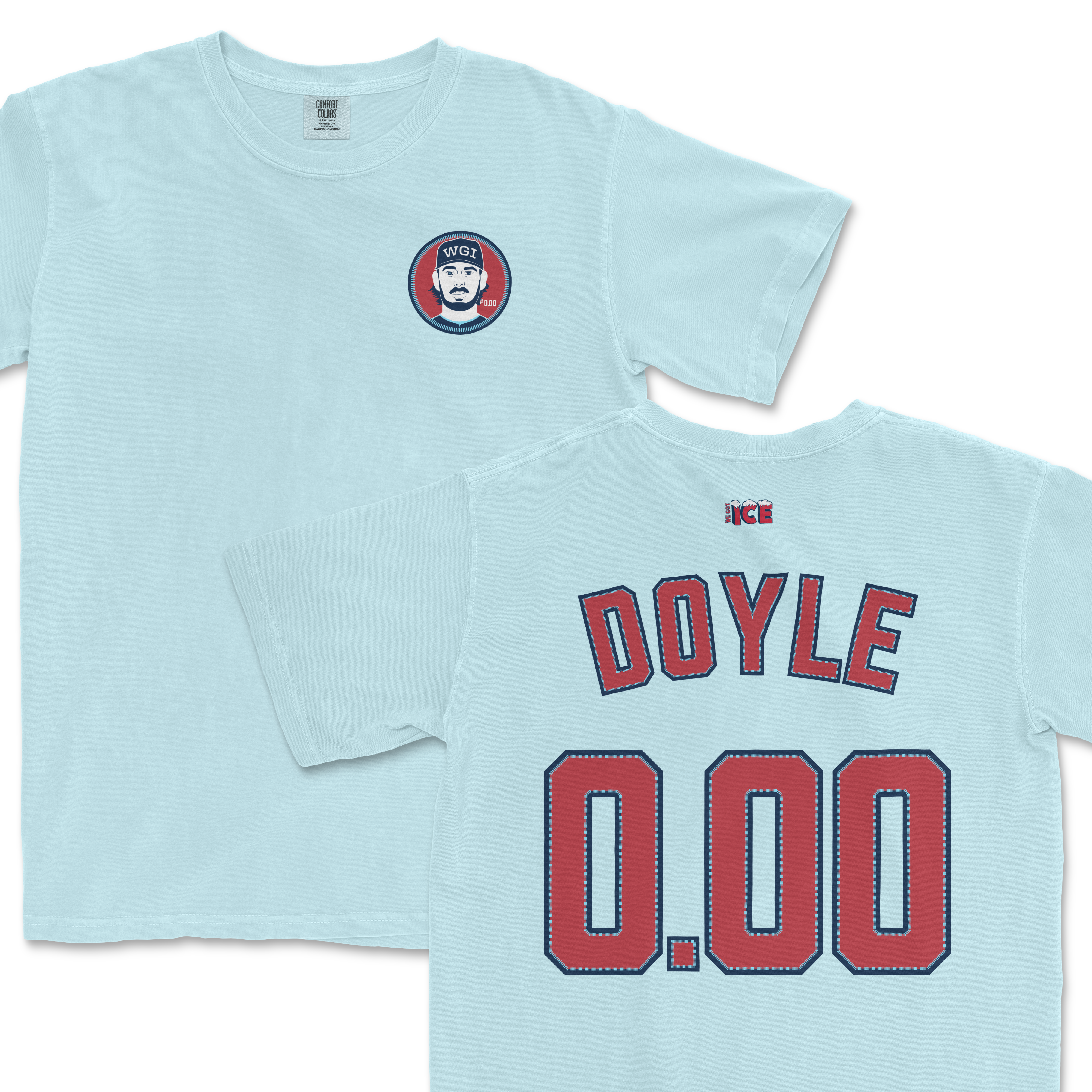 Light blue Jack Doyle 0.00 ERA Shirsey featuring a front logo and bold back design with the name and ERA. Ideal for fans.