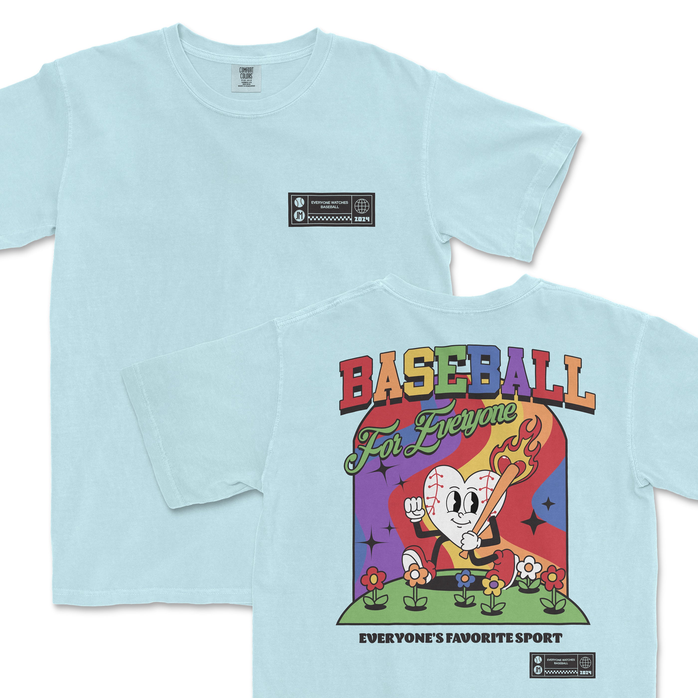 Light blue t-shirt featuring a colorful graphic of a cartoon character playing baseball with the text "Baseball For Everyone.