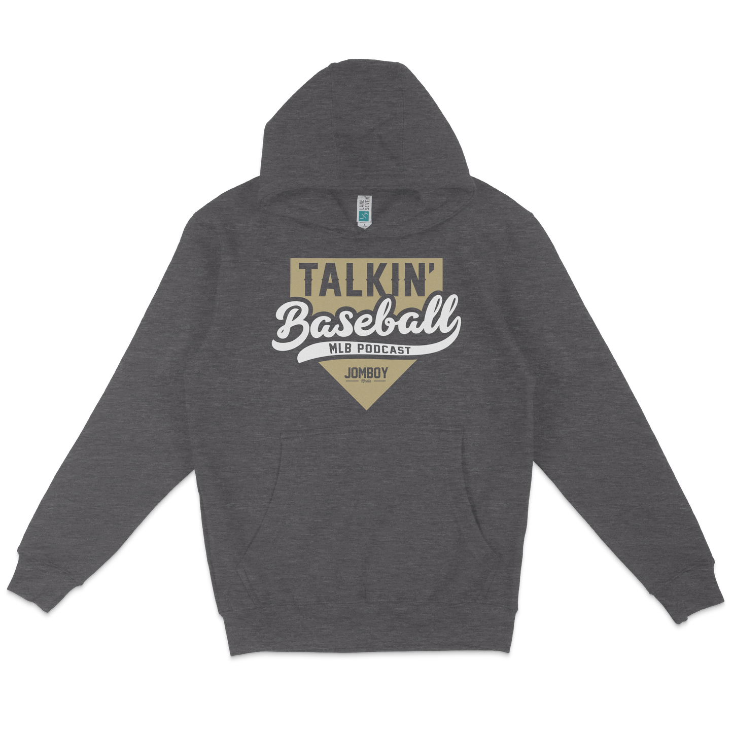 Gray fleece hoodie featuring "Talkin' Baseball" MLB podcast logo in beige, white, and black on the front.