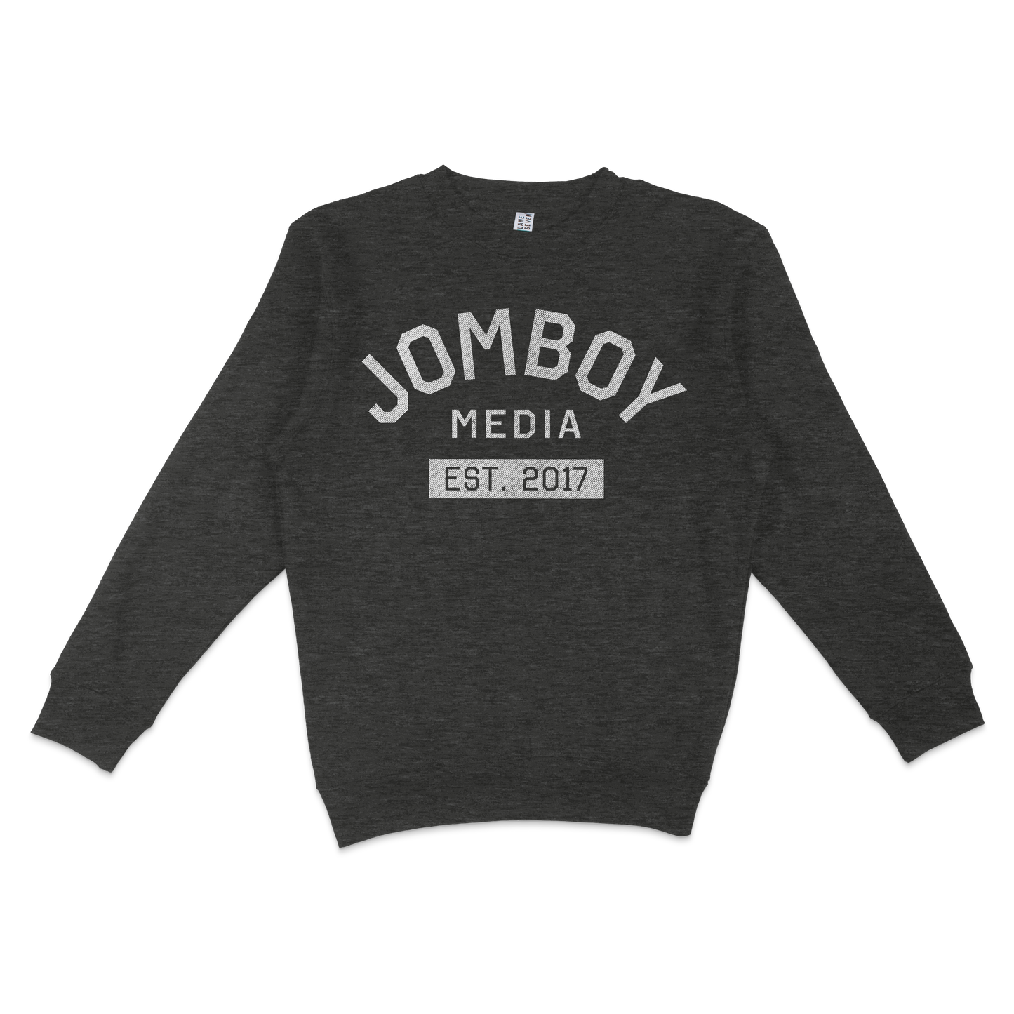 Dark gray crewneck sweatshirt featuring "Jomboy Media Est. 2017" printed in large white letters on the front.