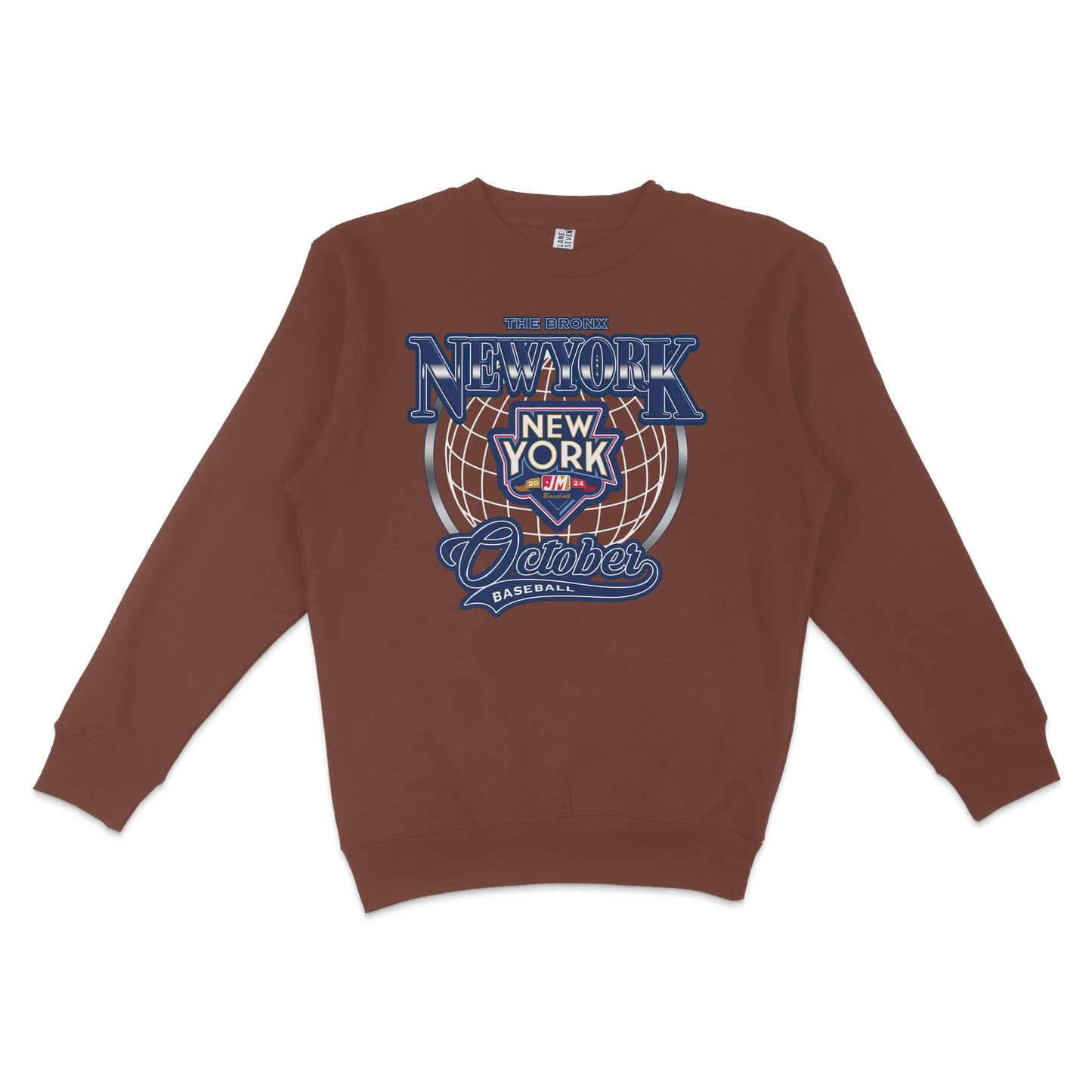 Brown crewneck sweatshirt featuring a colorful graphic design with "October" and "New York" text, a globe, and baseball-themed elements.