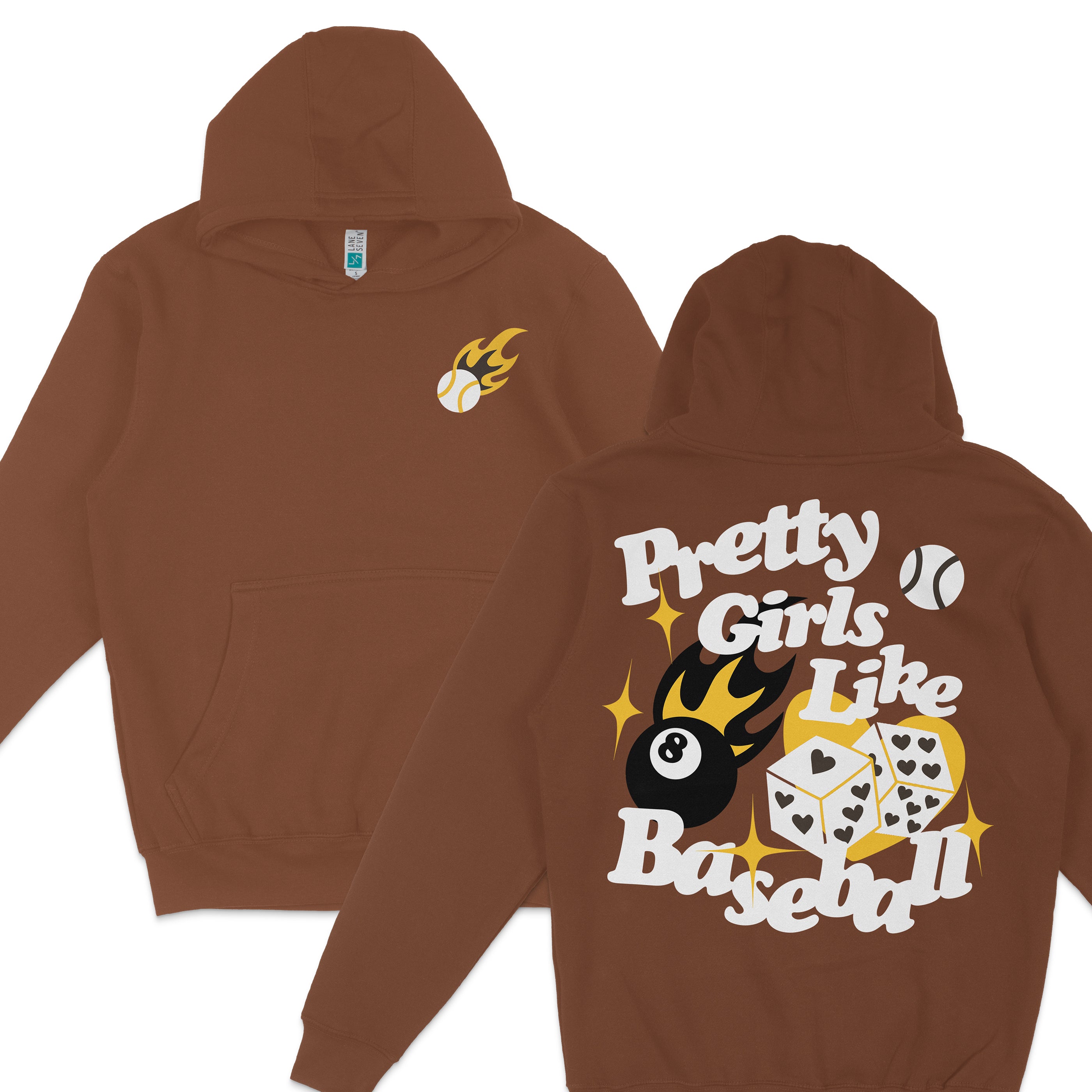Brown hoodie with "Pretty Girls Like Baseball" graphic, featuring a flaming baseball, dice, and playful text design.