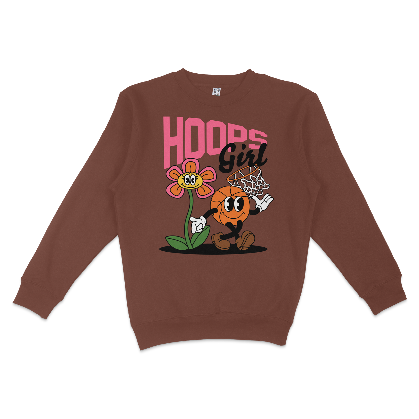 Brown crewneck sweatshirt featuring a cartoon basketball character, a flower, and the text "Hoops Girl" in pink and black.