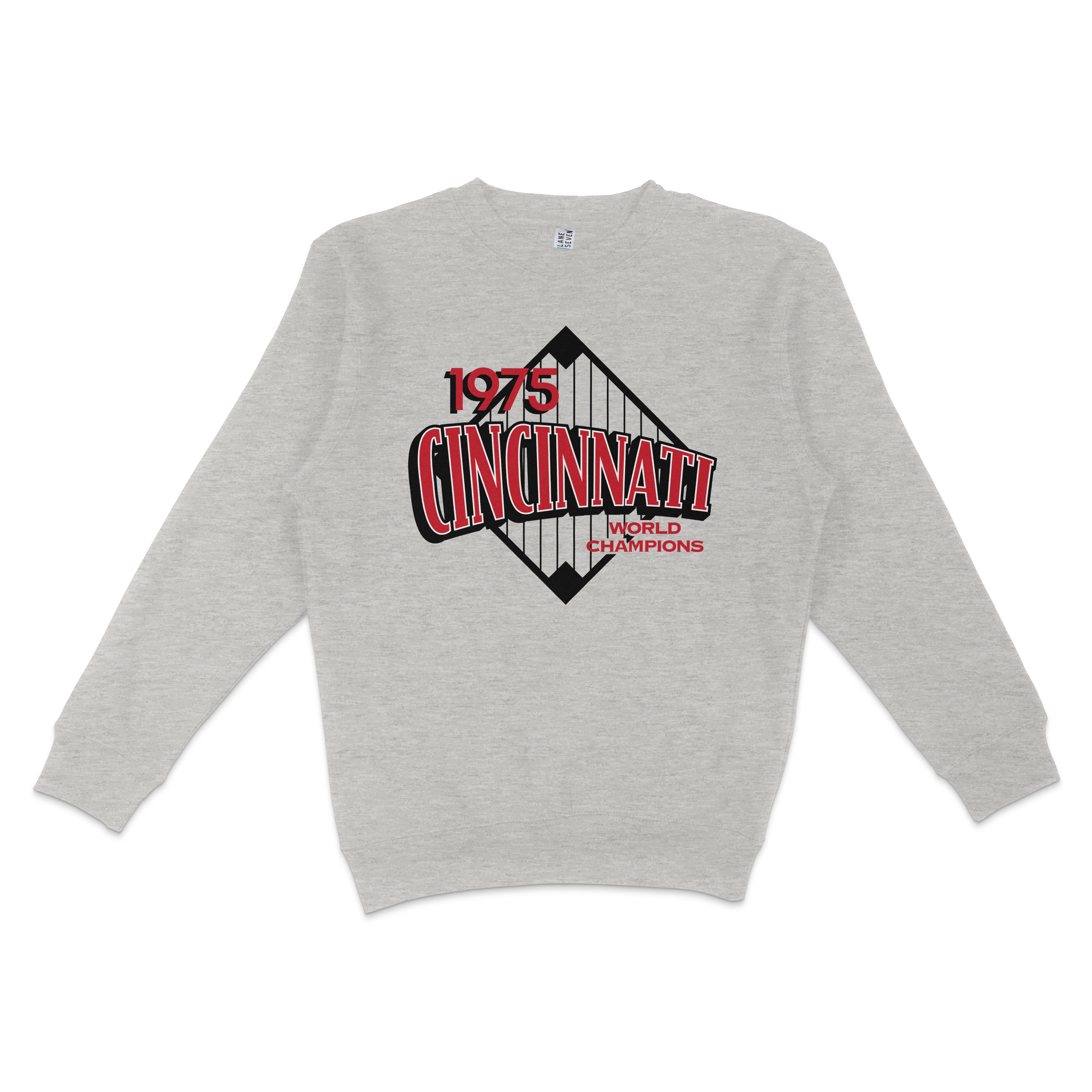 Gray crewneck sweatshirt featuring a vintage Cincinnati 1975 World Champions graphic with a bridge design and bold red, black, and white text.