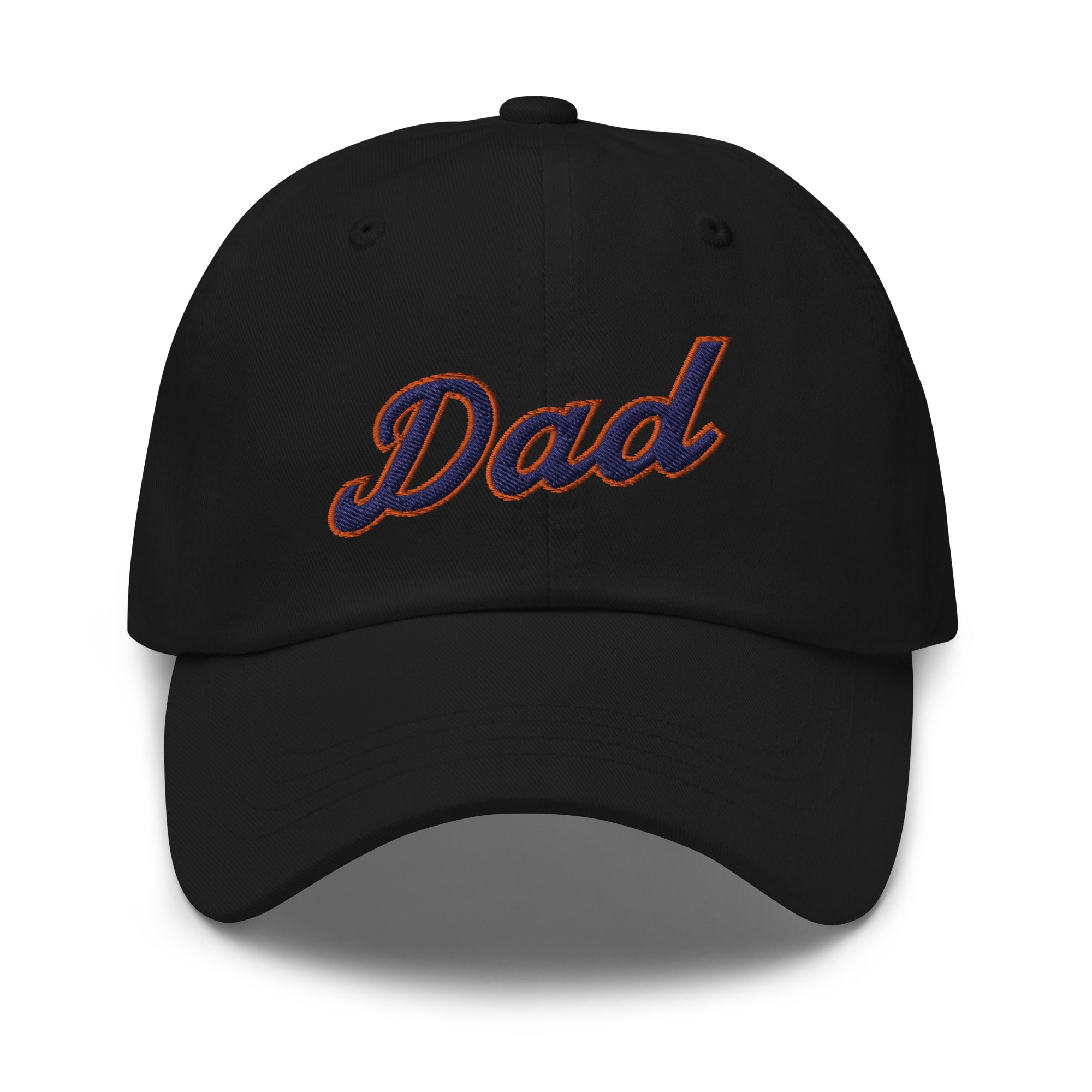 Black dad hat with "Dad" embroidered in blue and orange thread on the front, featuring a curved brim and adjustable strap.
