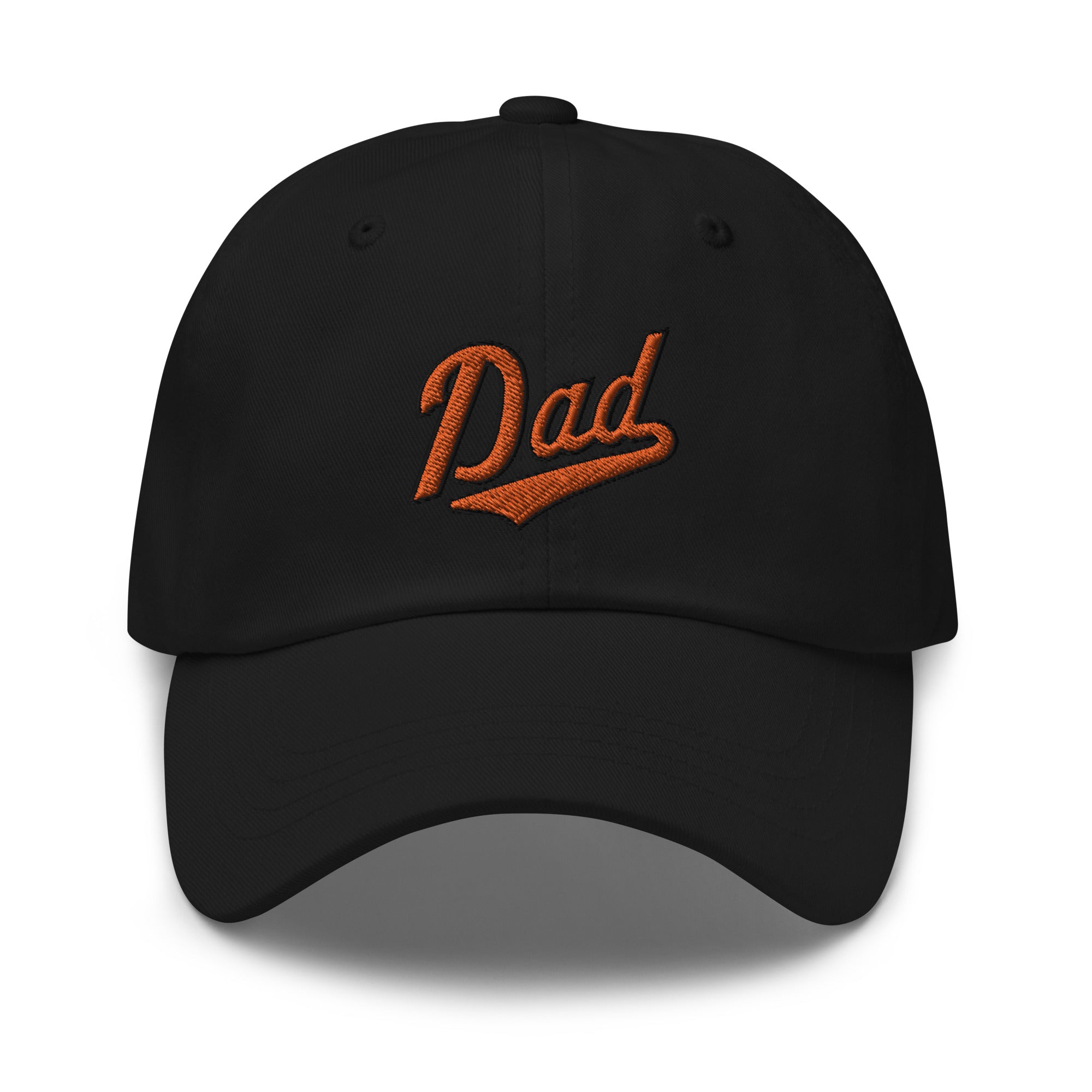 Black dad hat with orange embroidered "Dad" text and underline, perfect for Baltimore baseball dads.