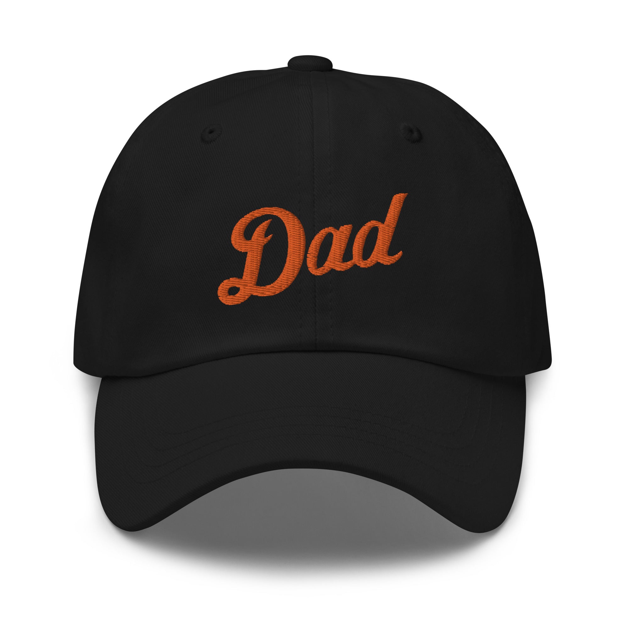 Black dad hat with orange embroidered "Dad" text on the front, featuring a curved brim and adjustable strap.