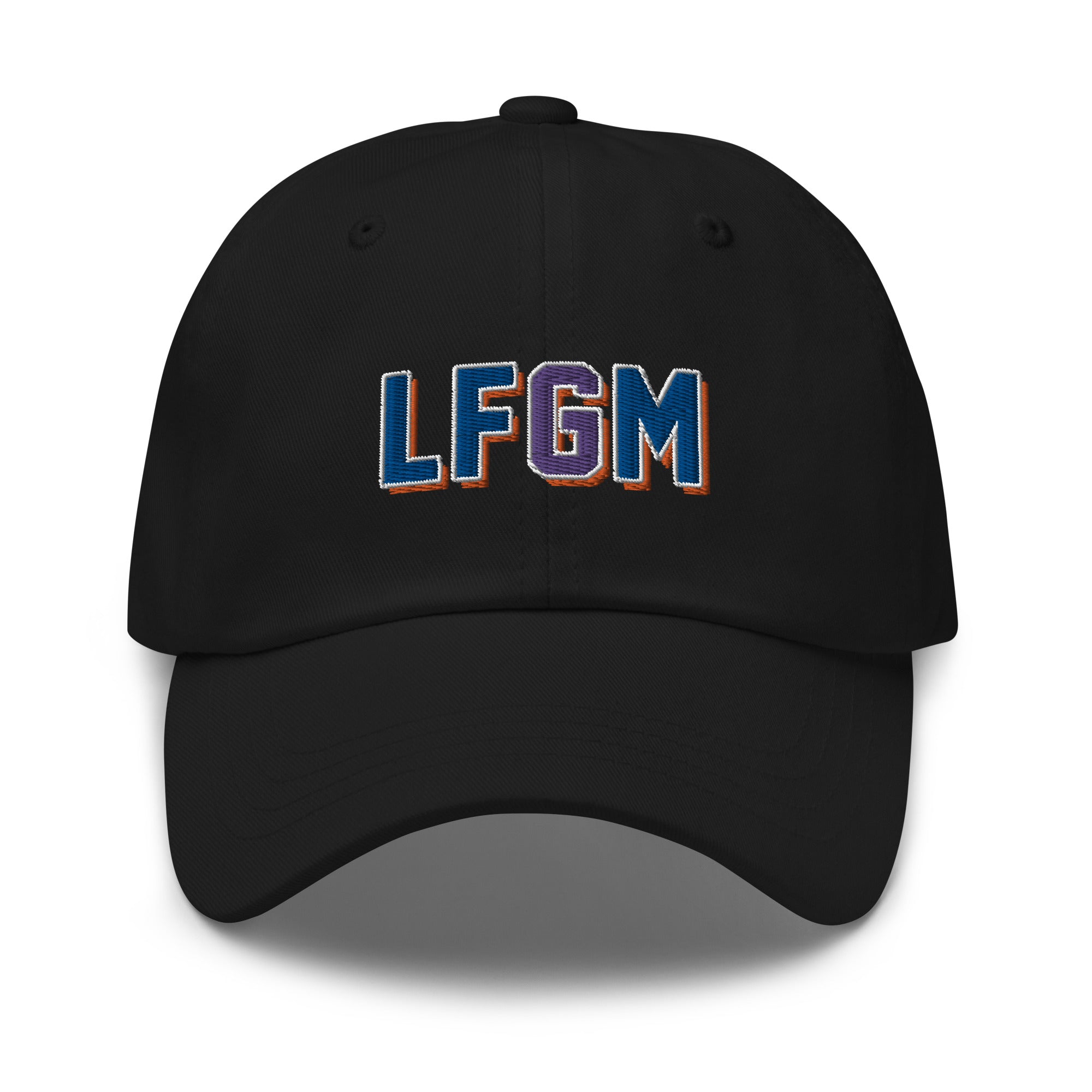 Black dad hat with colorful embroidered "LFGM" text on front, adjustable strap, and curved brim.
