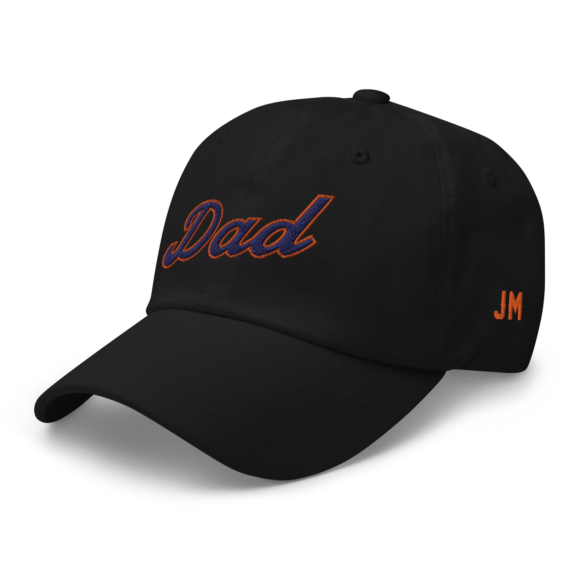 Black dad hat with "Dad" embroidered in blue and orange, featuring "JM" initials on the side, perfect for Queens baseball dads.