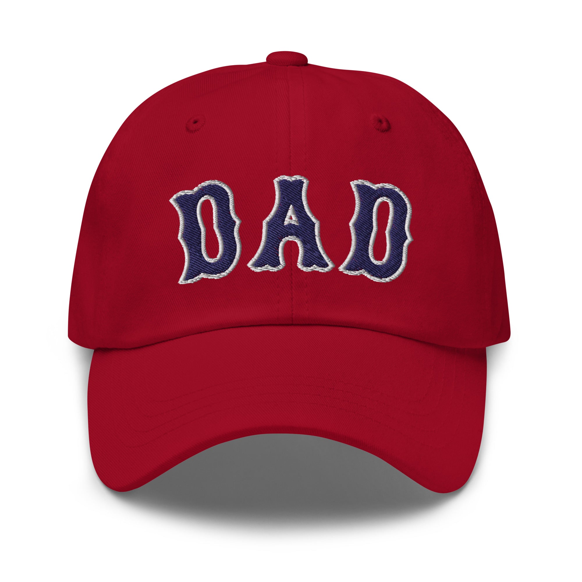 Red dad hat with "DAD" embroidered in navy blue and white lettering, perfect for Boston baseball dads.