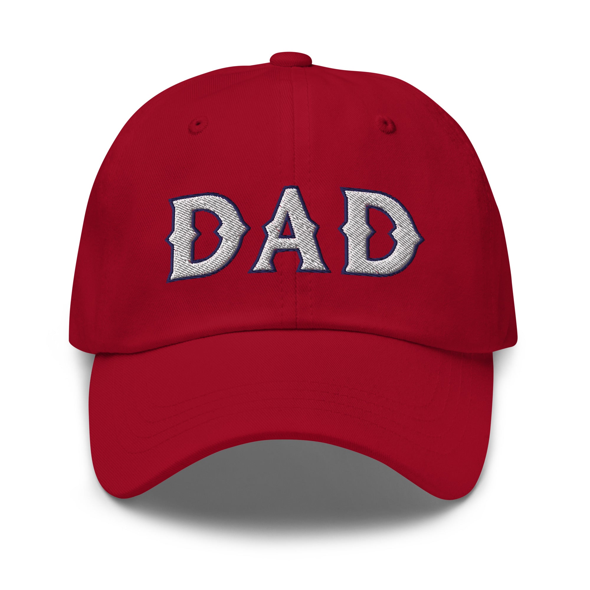 Red dad hat with "DAD" embroidered in silver and navy thread on the front, perfect for Texas baseball dads.