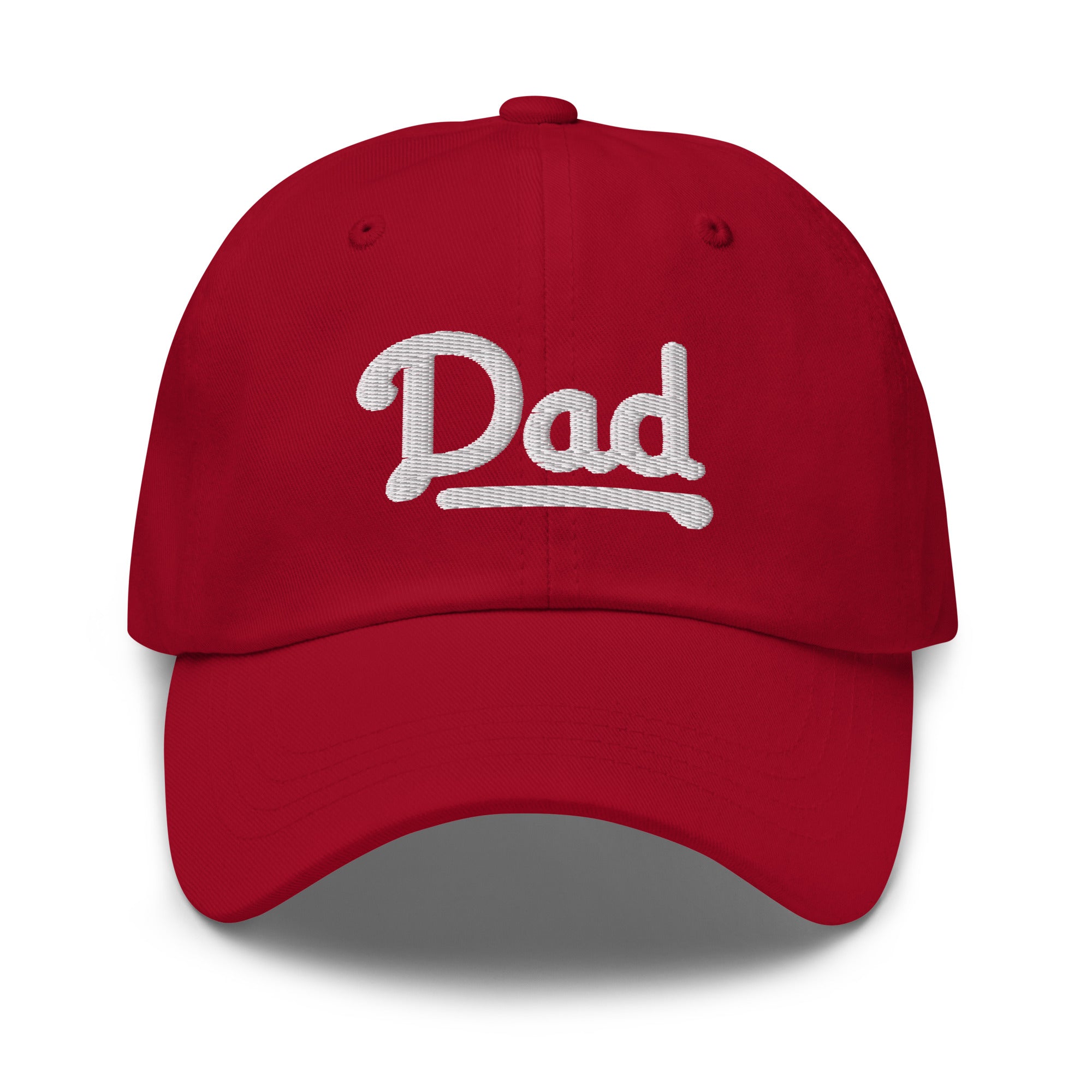 Red dad hat with white embroidered "Dad" text and underline, designed for Philly baseball dads.