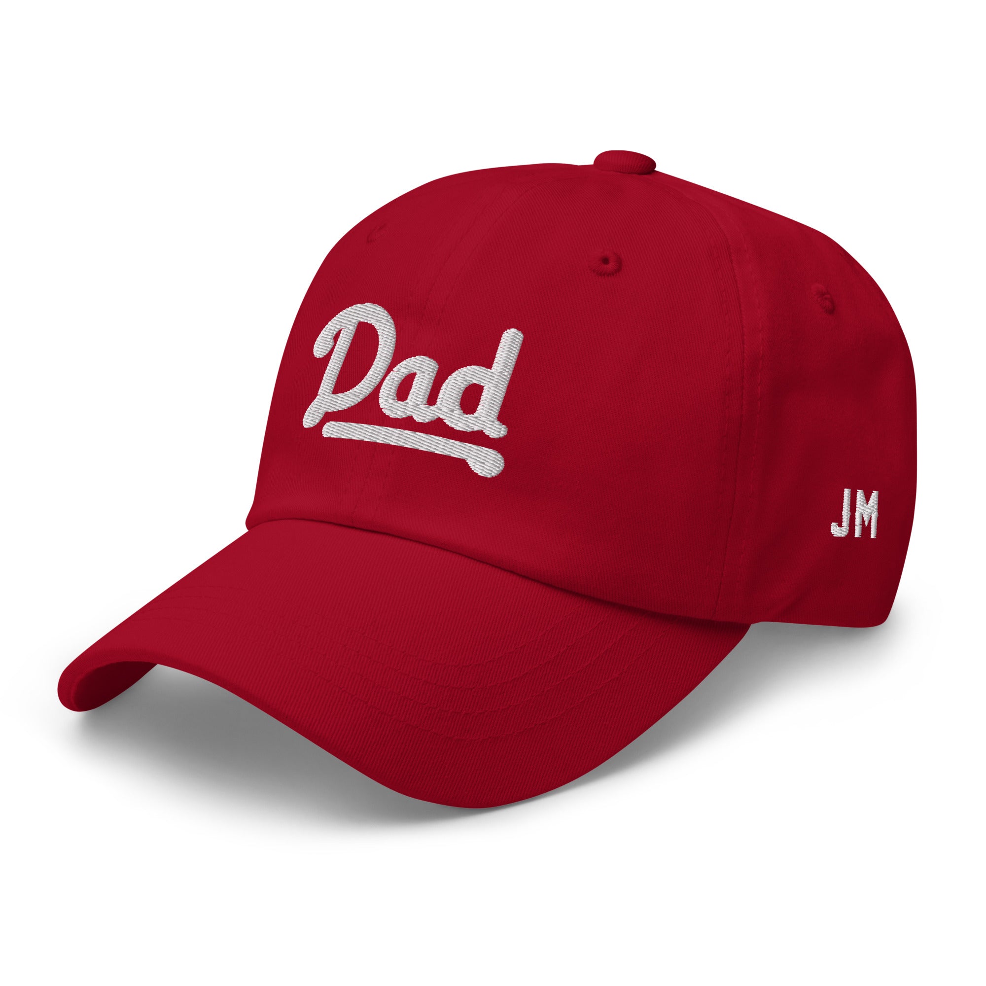 Red dad hat with white embroidered "Dad" text on front and "JM" initials on side, perfect for Philly baseball dads.