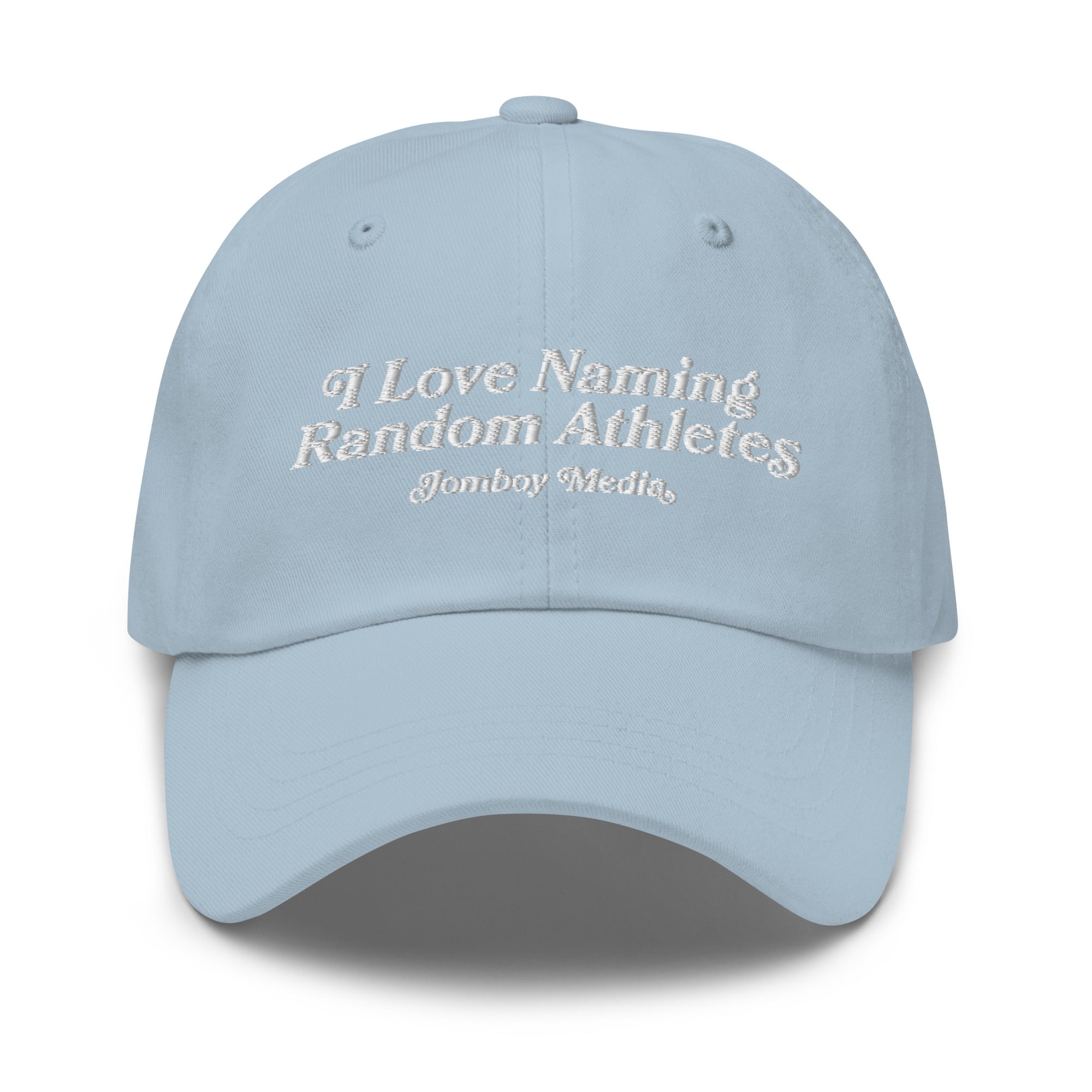 Light blue dad hat with white embroidered text: "I Love Naming Random Athletes" and "Jomboy Media" underneath.