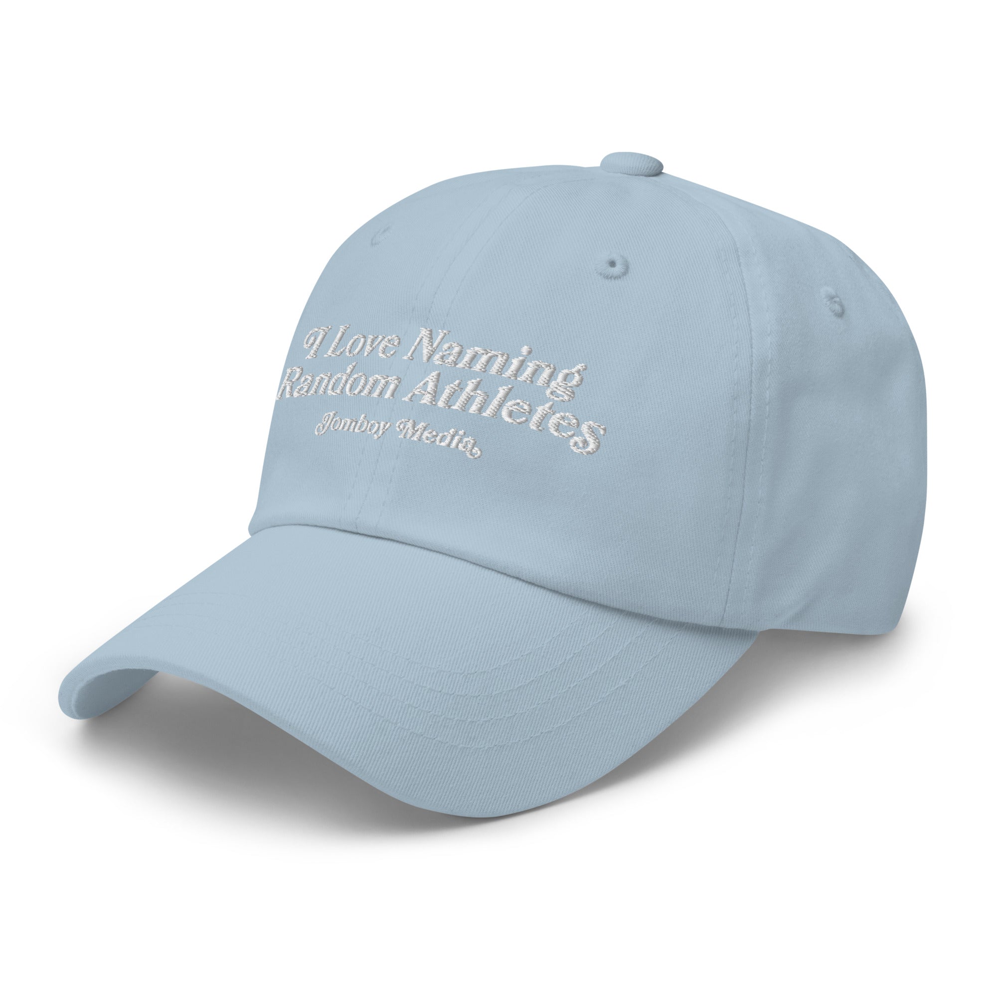 Light blue dad hat with embroidered text: "I Love Naming Random Athletes" and "Jonboy Moore" underneath.