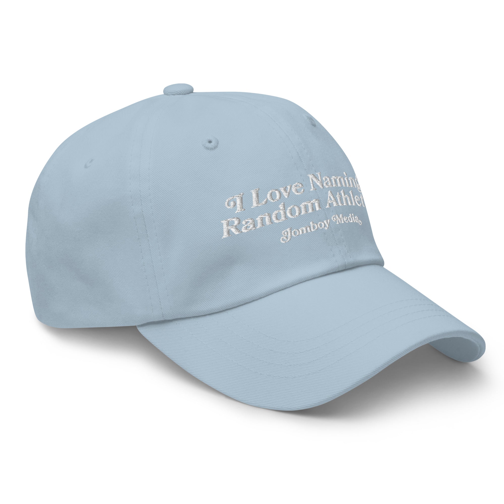 Light blue dad hat with white embroidered text that reads "I Love Naming Random Athletes" and "Gamboy Media.
