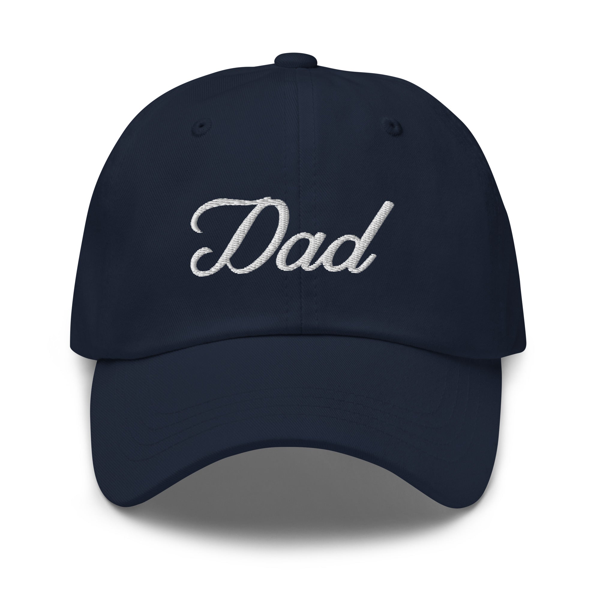 Navy dad hat with white embroidered "Dad" text on the front, featuring a curved brim and adjustable strap.