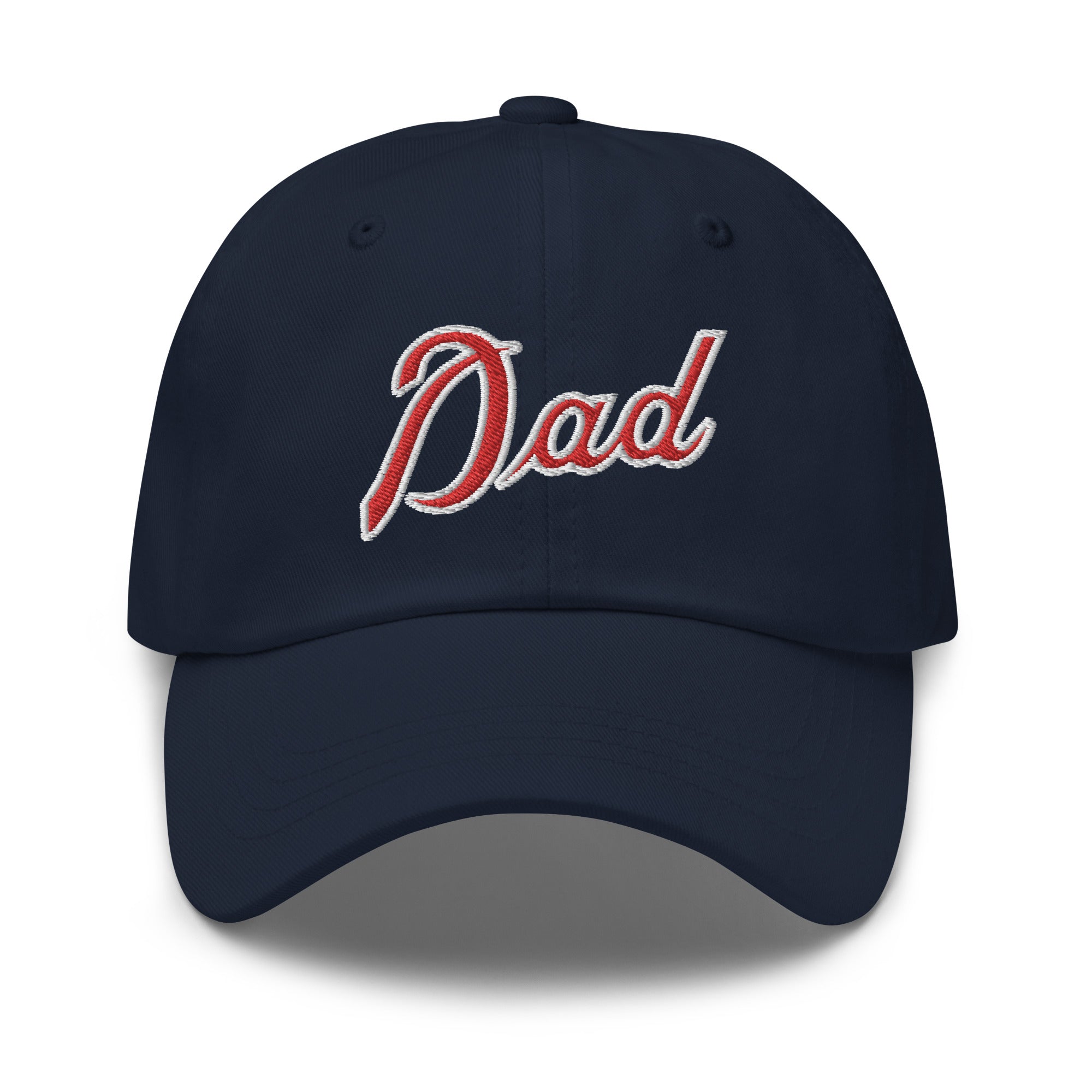 Navy dad hat with red and white embroidered "Dad" text, perfect for Atlanta baseball dads.