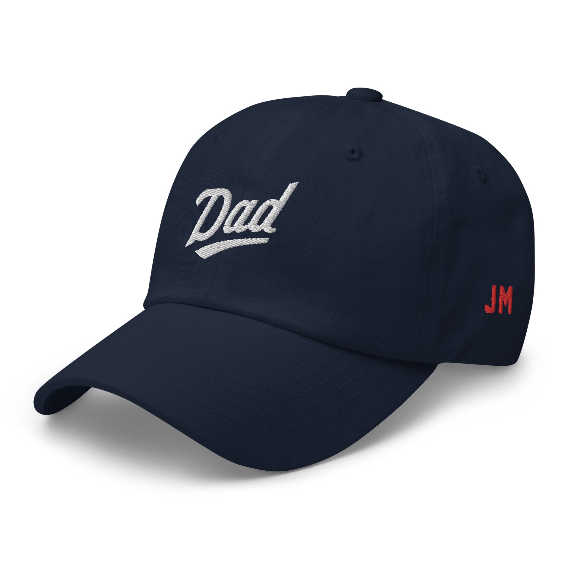 Navy dad hat with white embroidered "Dad" text on front and red "JM" initials on side, perfect for Minnesota baseball dads.