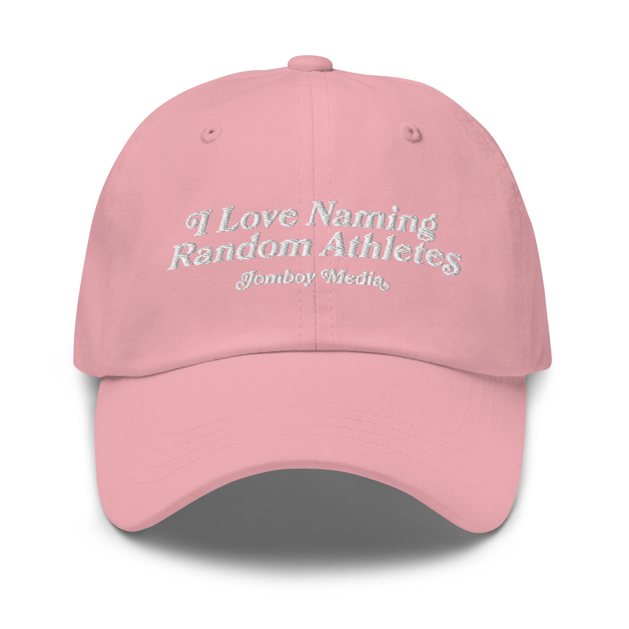 Pink dad hat with white embroidered text reading "I Love Naming Random Athletes" and "Jomboy Media.