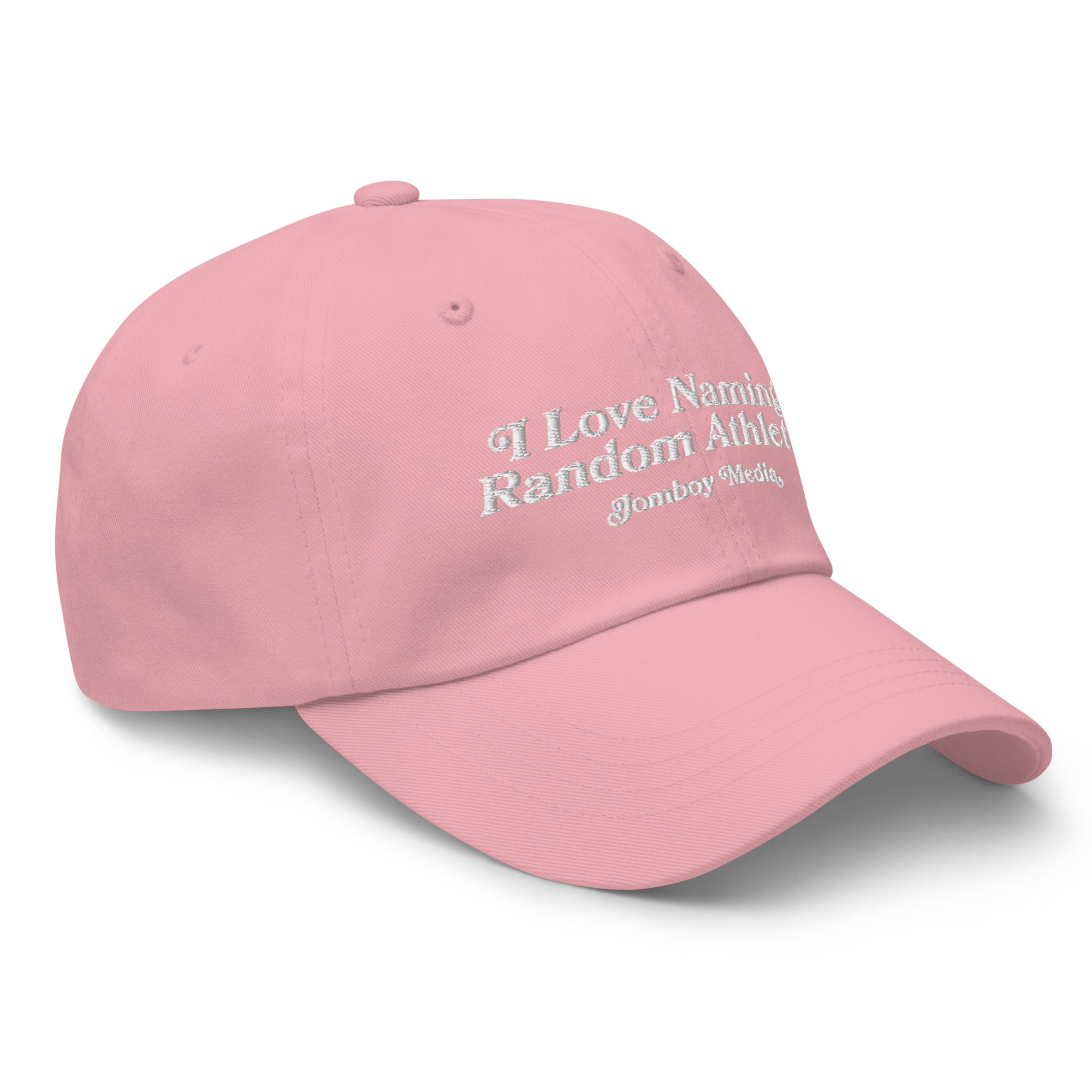 Pink dad hat with white embroidered text: "I Love Naming Random Athletes | Jamboy Media" on the front.