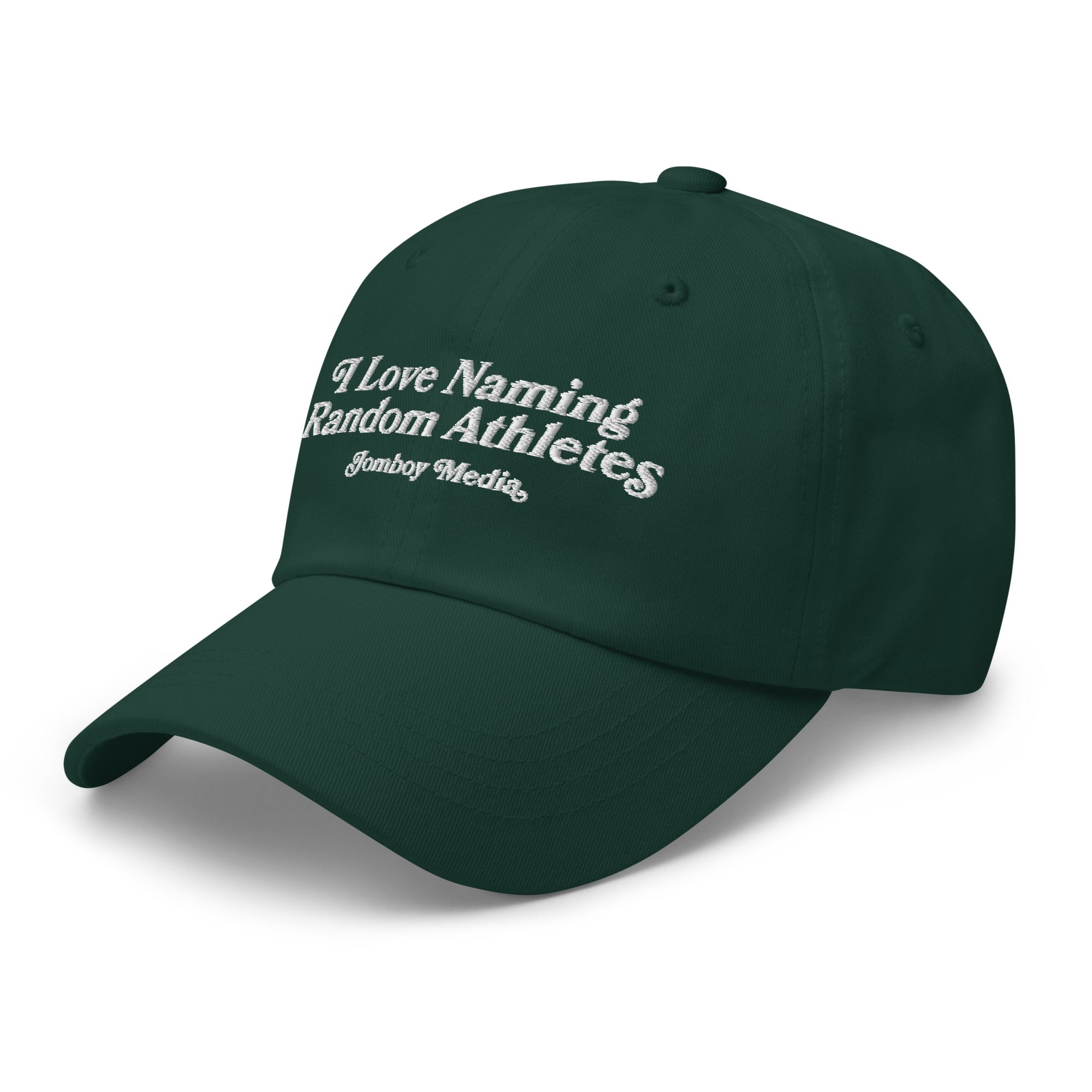 Dark green dad hat with white embroidered text: "I Love Naming Random Athletes" and "Jamboy Media" underneath.