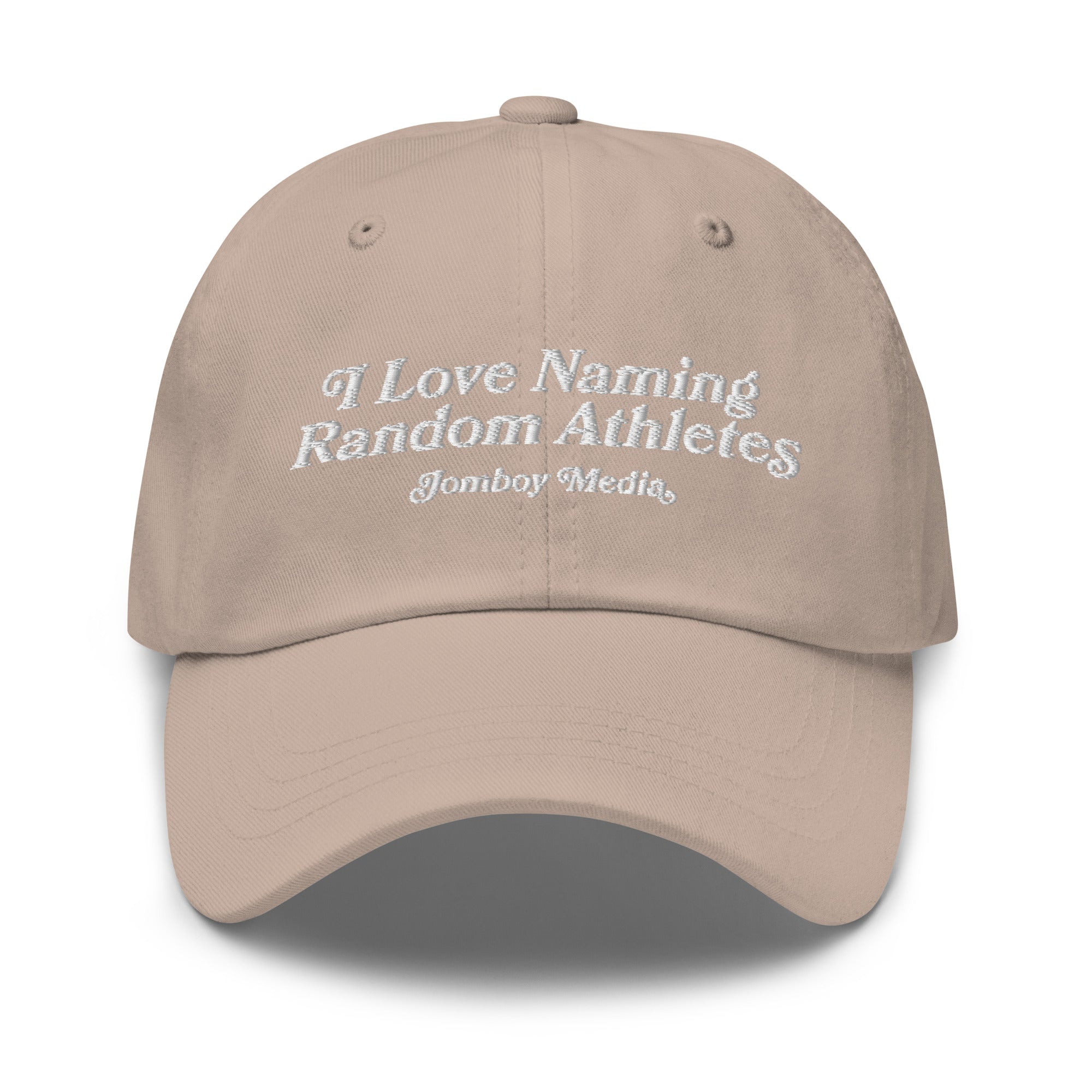 Beige dad hat with white embroidered text reading "I Love Naming Random Athletes" and "Jomboy Media" underneath.