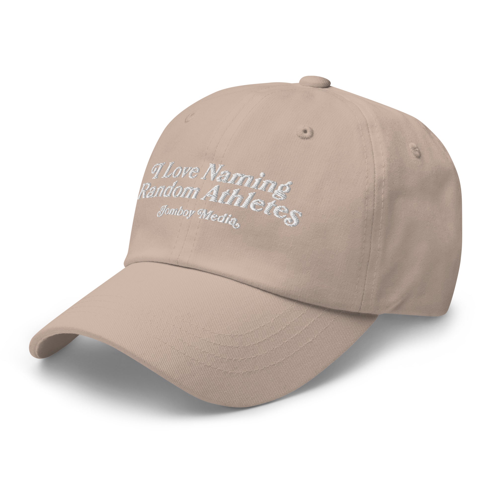 Beige dad hat with white embroidered text: "I Love Naming Random Athletes" and "Jomboy Media" underneath.