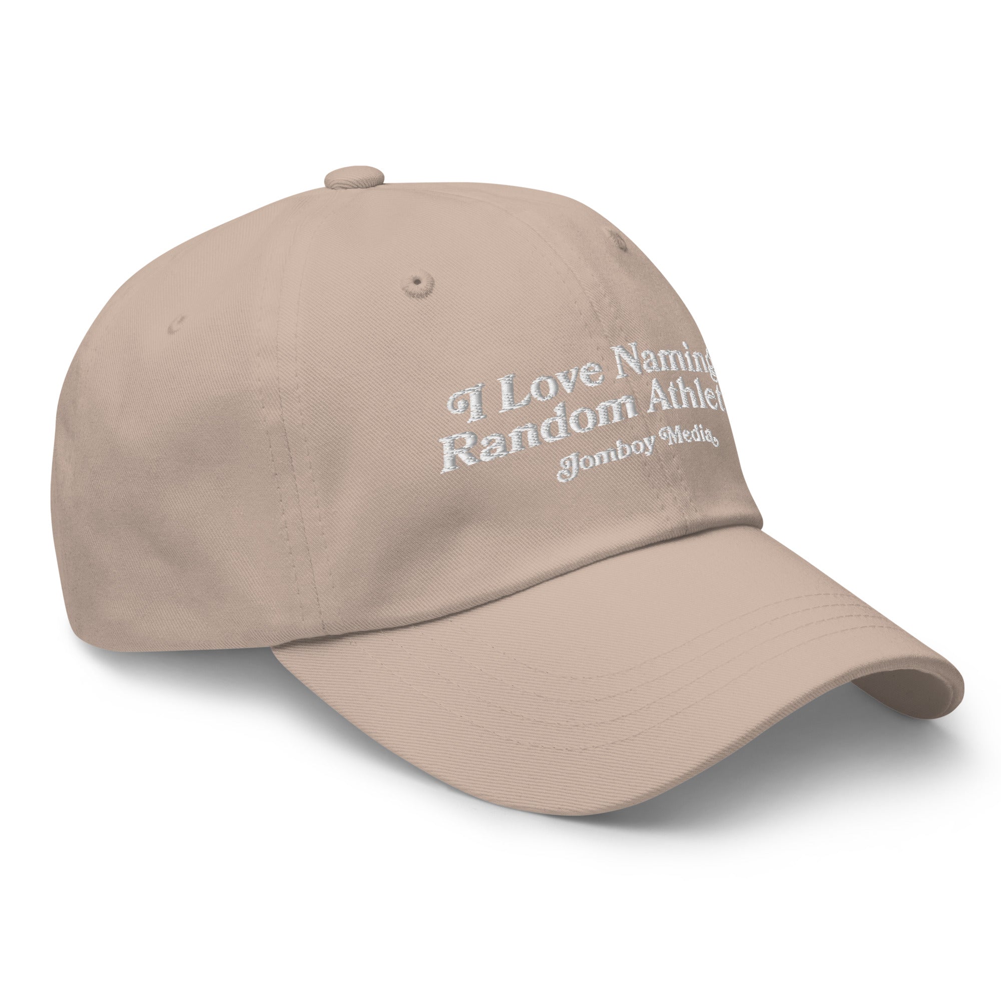 Beige dad hat with white embroidered text reading "I Love Naming Random Athletes" and "Gamboy Media" on the front.