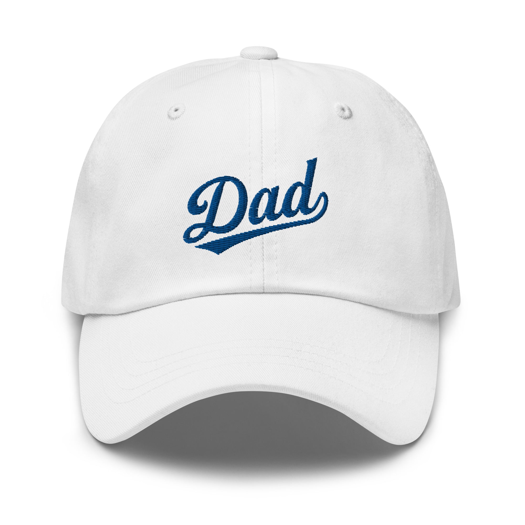 White dad hat with blue embroidered "Dad" text in cursive, featuring a curved brim and adjustable strap.