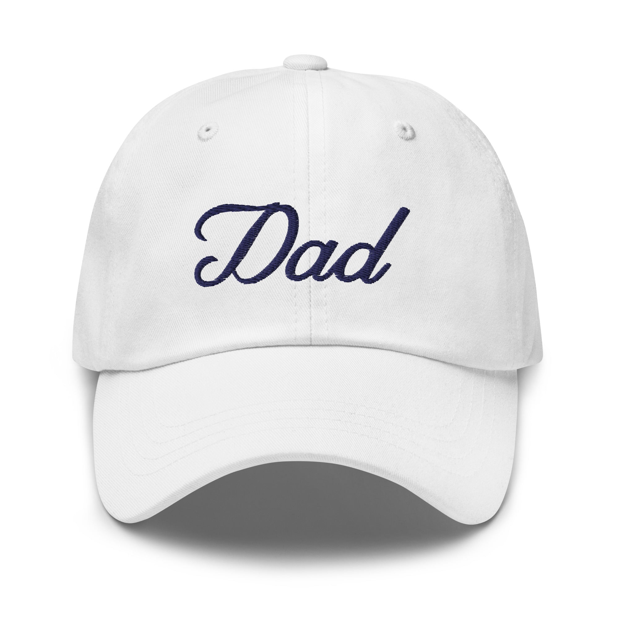 White dad hat with "Dad" embroidered in navy blue cursive text on the front.