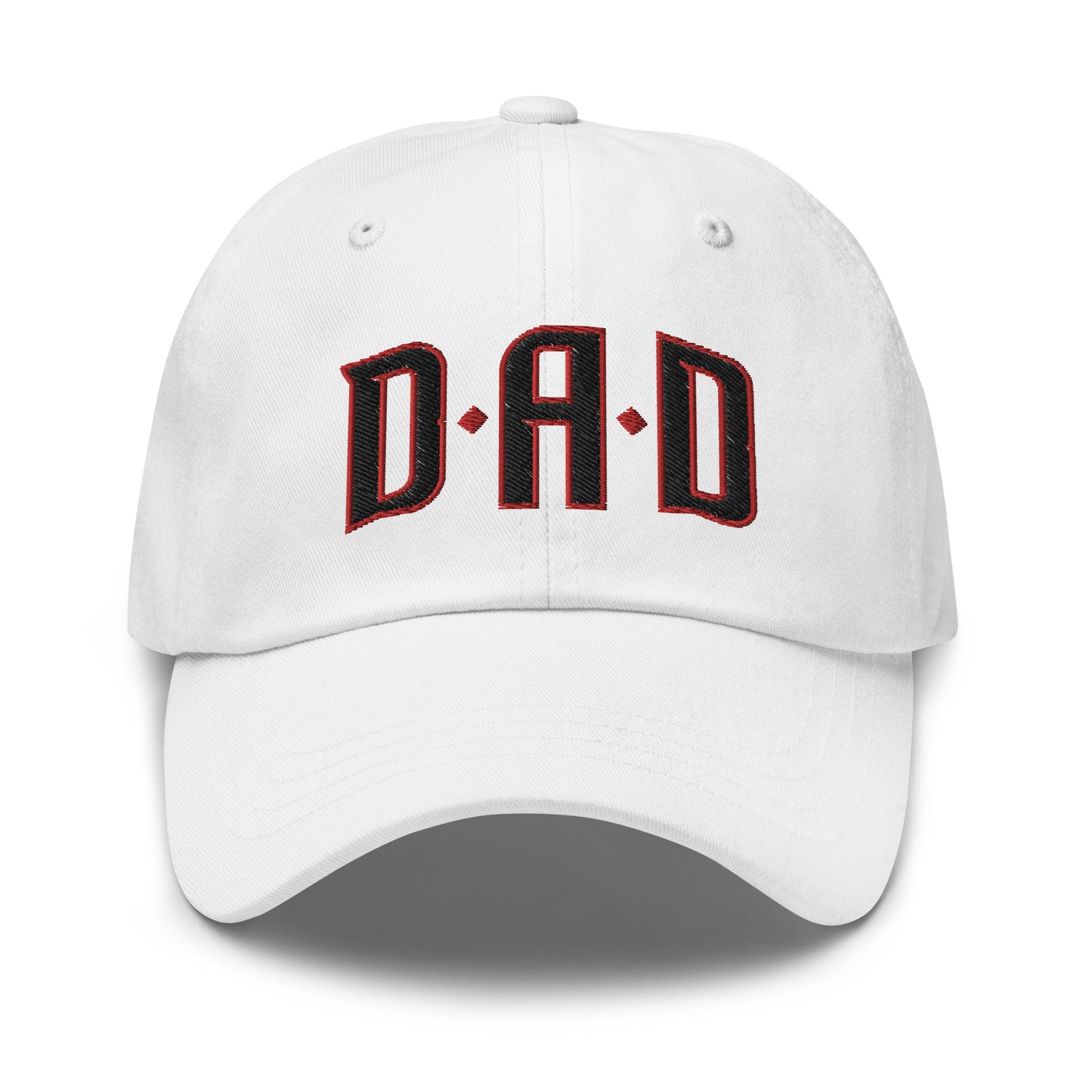 White dad hat with "DAD" embroidered in bold black and red letters on the front, perfect for Arizona baseball dads.