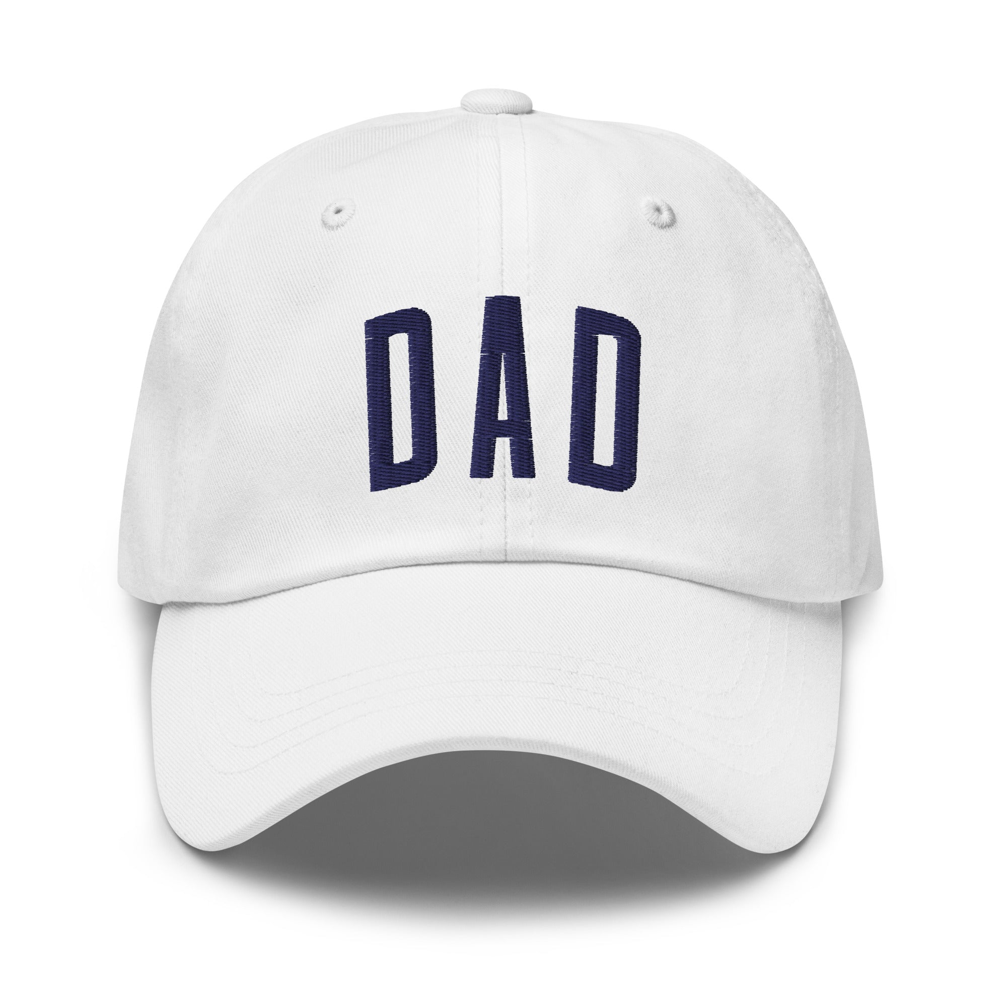 White dad hat with "DAD" embroidered in navy blue letters on the front, designed for Chicago baseball dads.