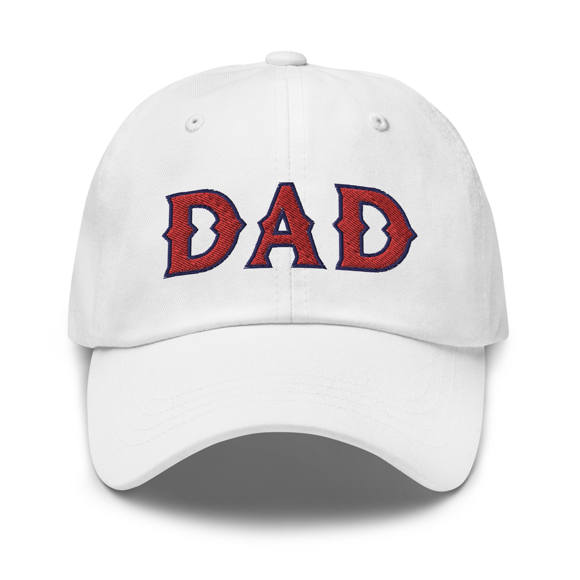 White dad hat with "DAD" embroidered in red and navy blue letters on the front, perfect for Texas baseball dads.
