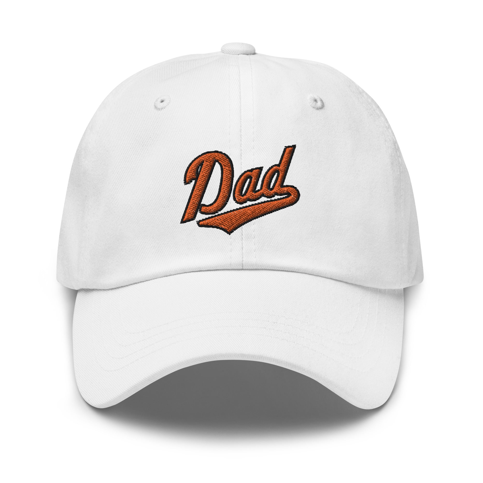 White dad hat with "Dad" embroidered in orange and black script on the front, perfect for Baltimore baseball dads.