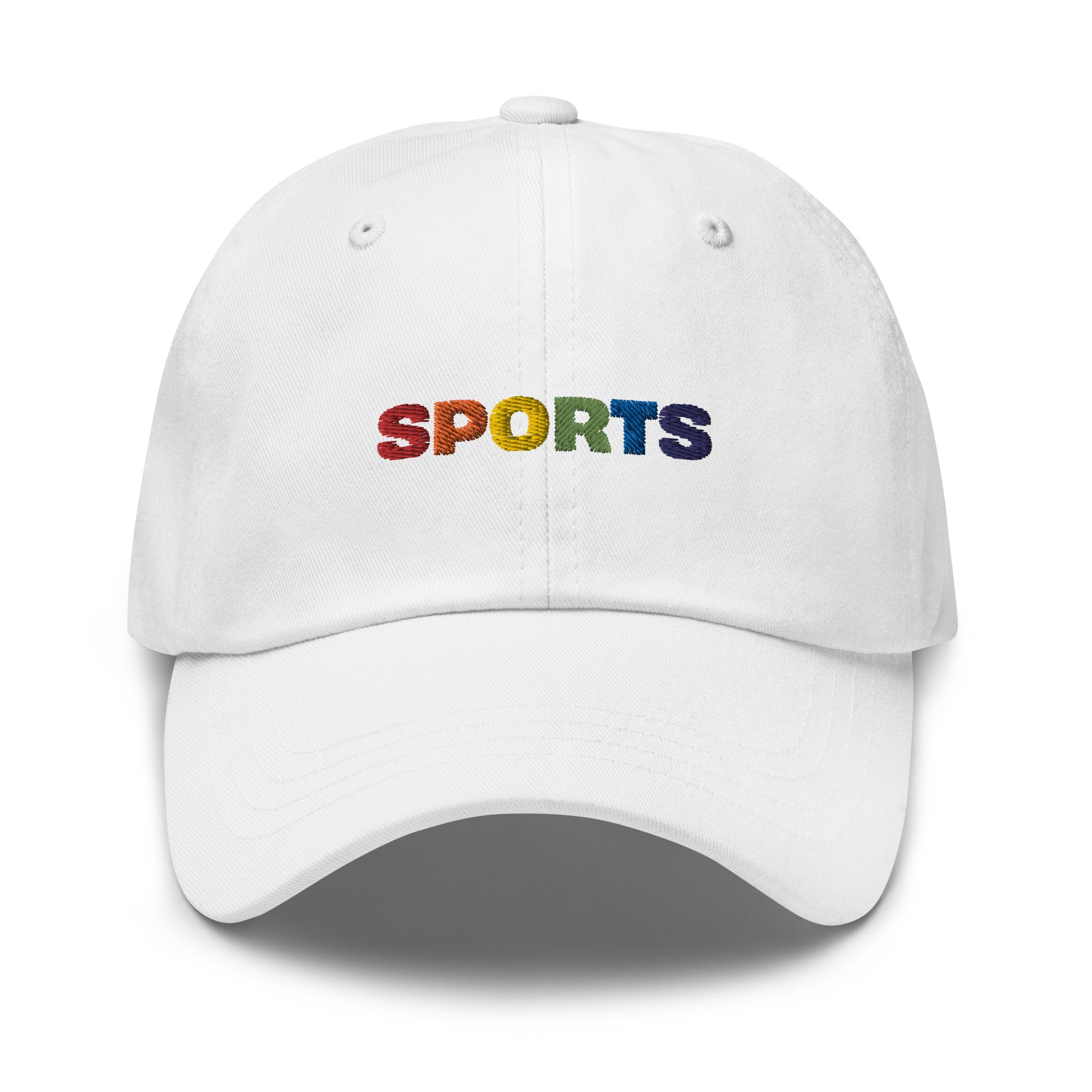 White dad hat with colorful embroidered "SPORTS" text in rainbow colors on the front.